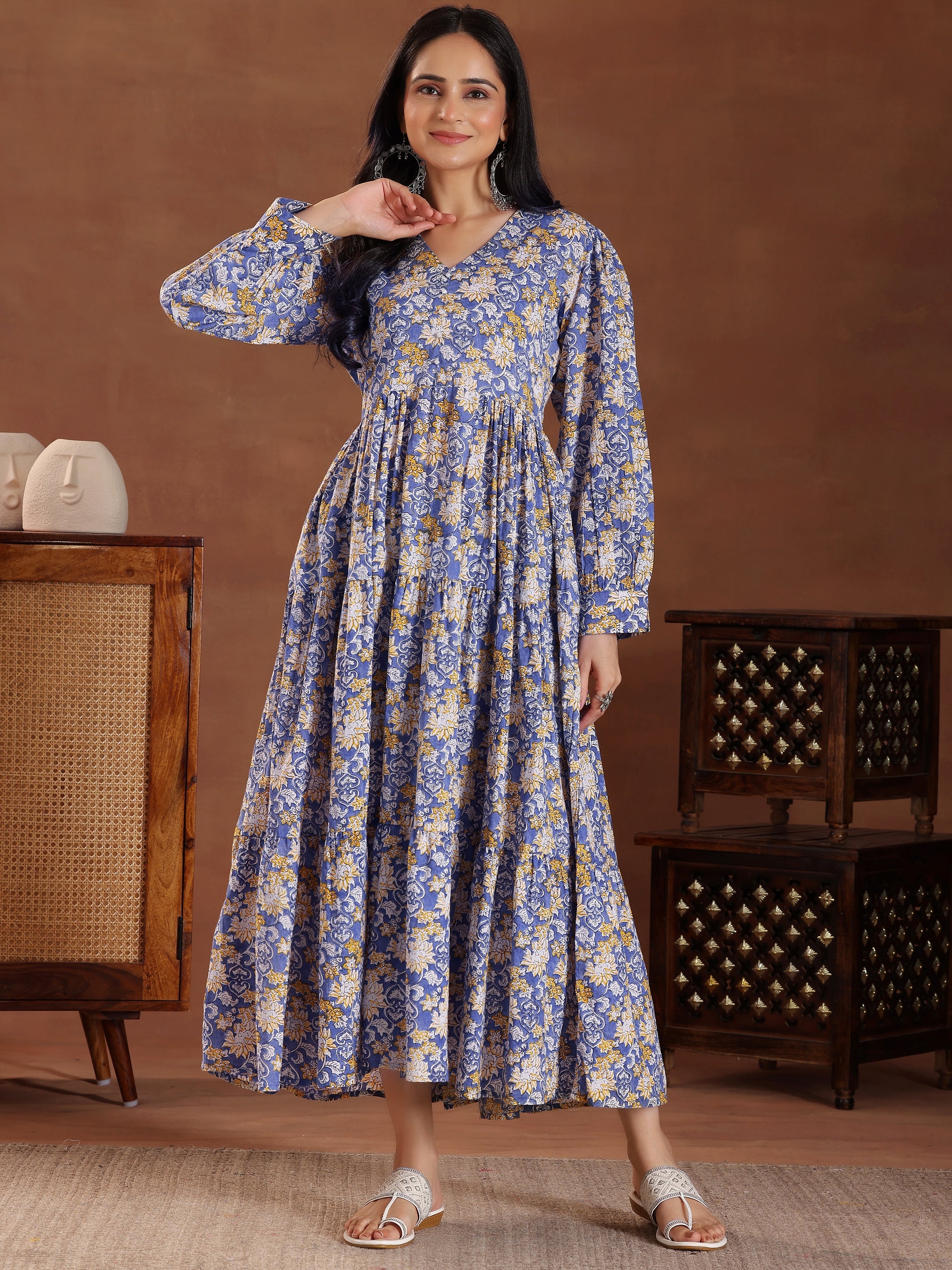 Blue Printed Cotton Fit and Flare Dress