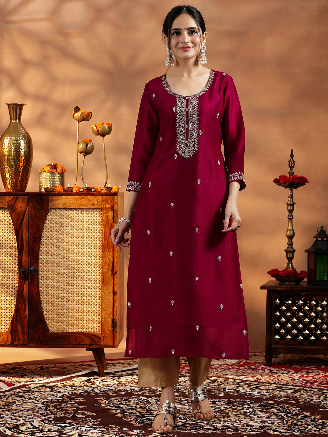 Maroon Embroidered Silk Straight Kurta