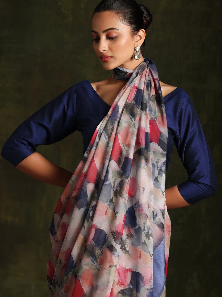 Multicoloured Printed Silk Blend Saree With Unstitched Blouse Piece