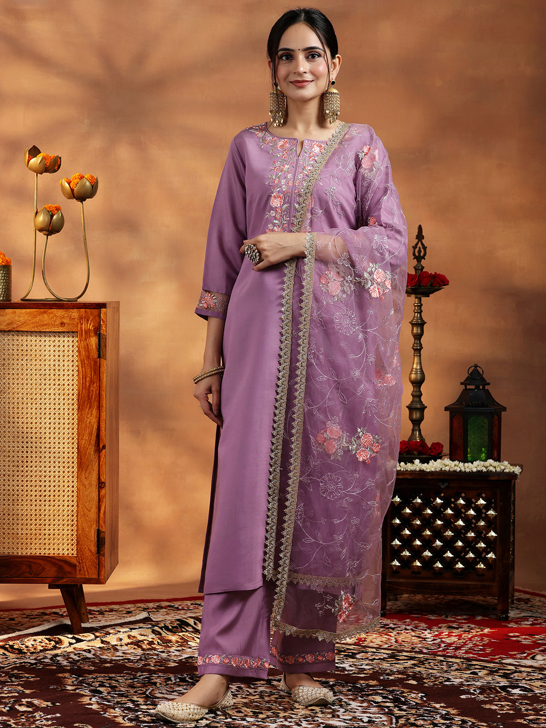 Lavender Yoke Design Silk Blend Straight Suit With Dupatta