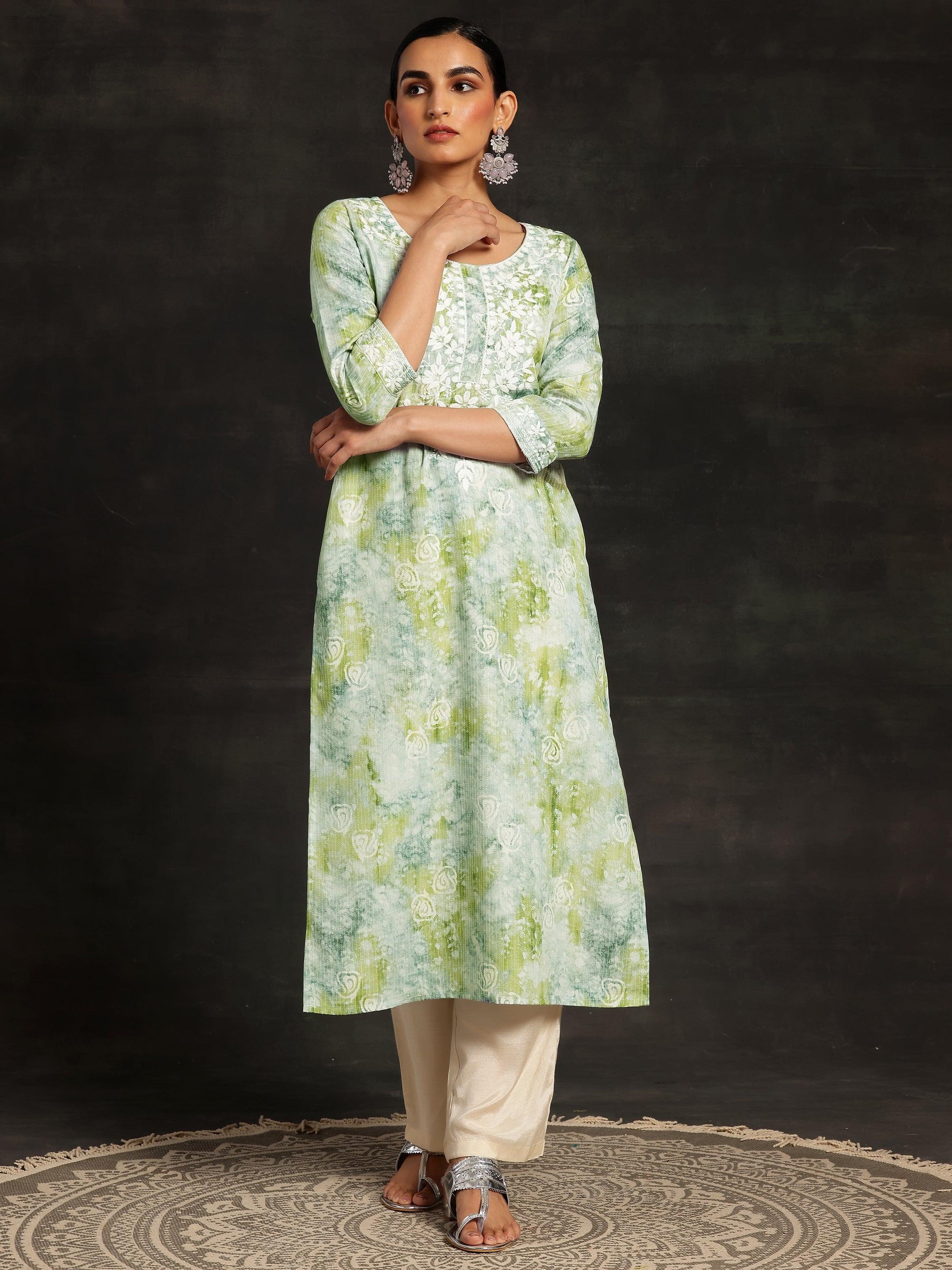 Green Printed Cotton Straight Kurta