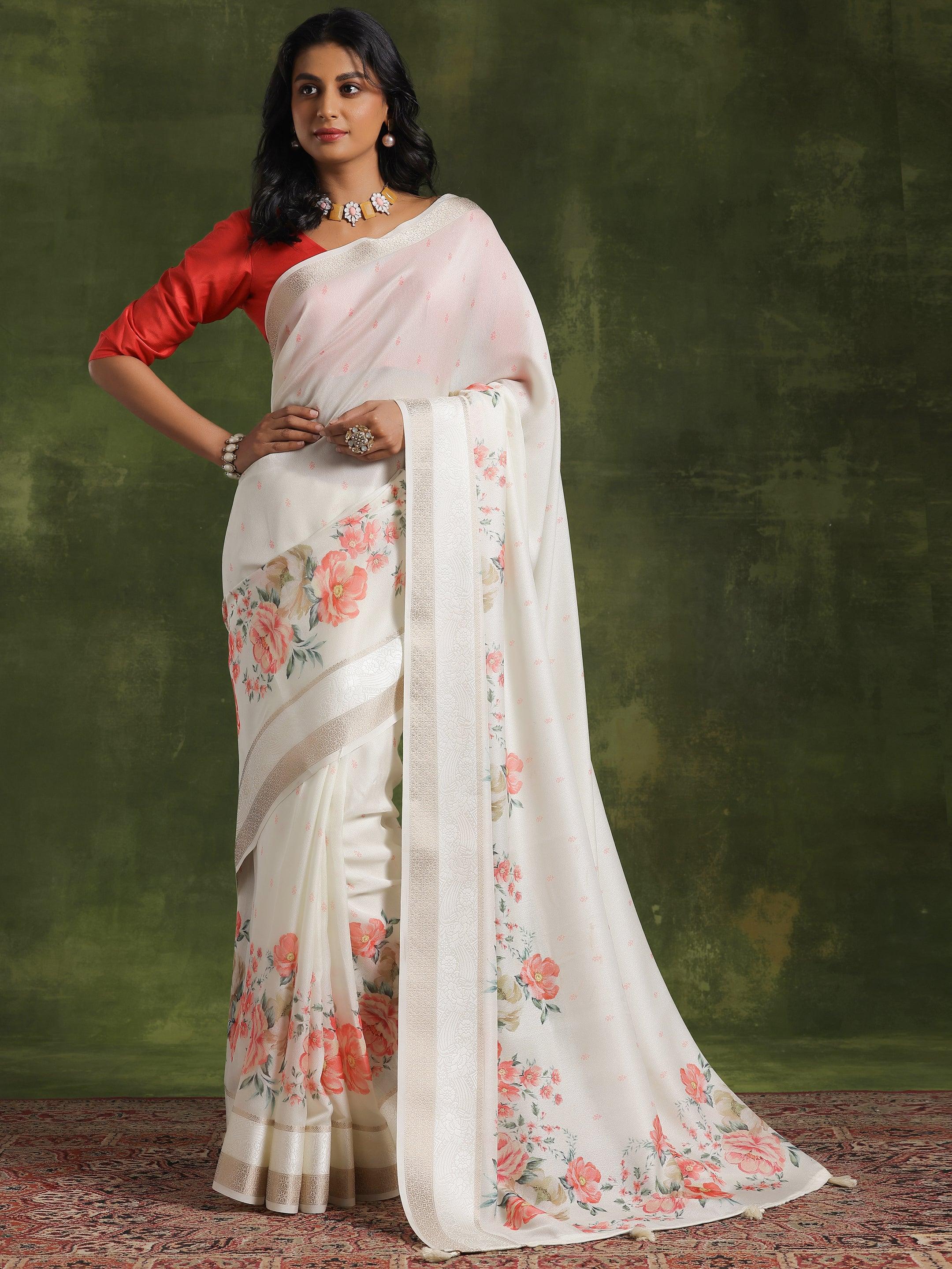 Off White Printed Silk Blend Saree With Unstitched Blouse Piece