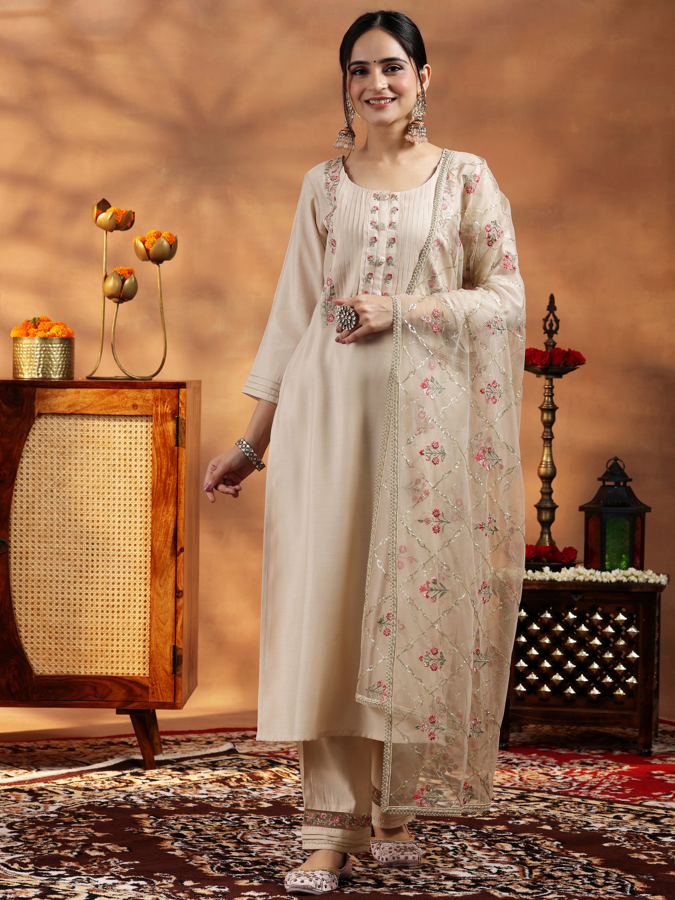 Ivory Yoke Design Silk Blend Straight Suit With Dupatta