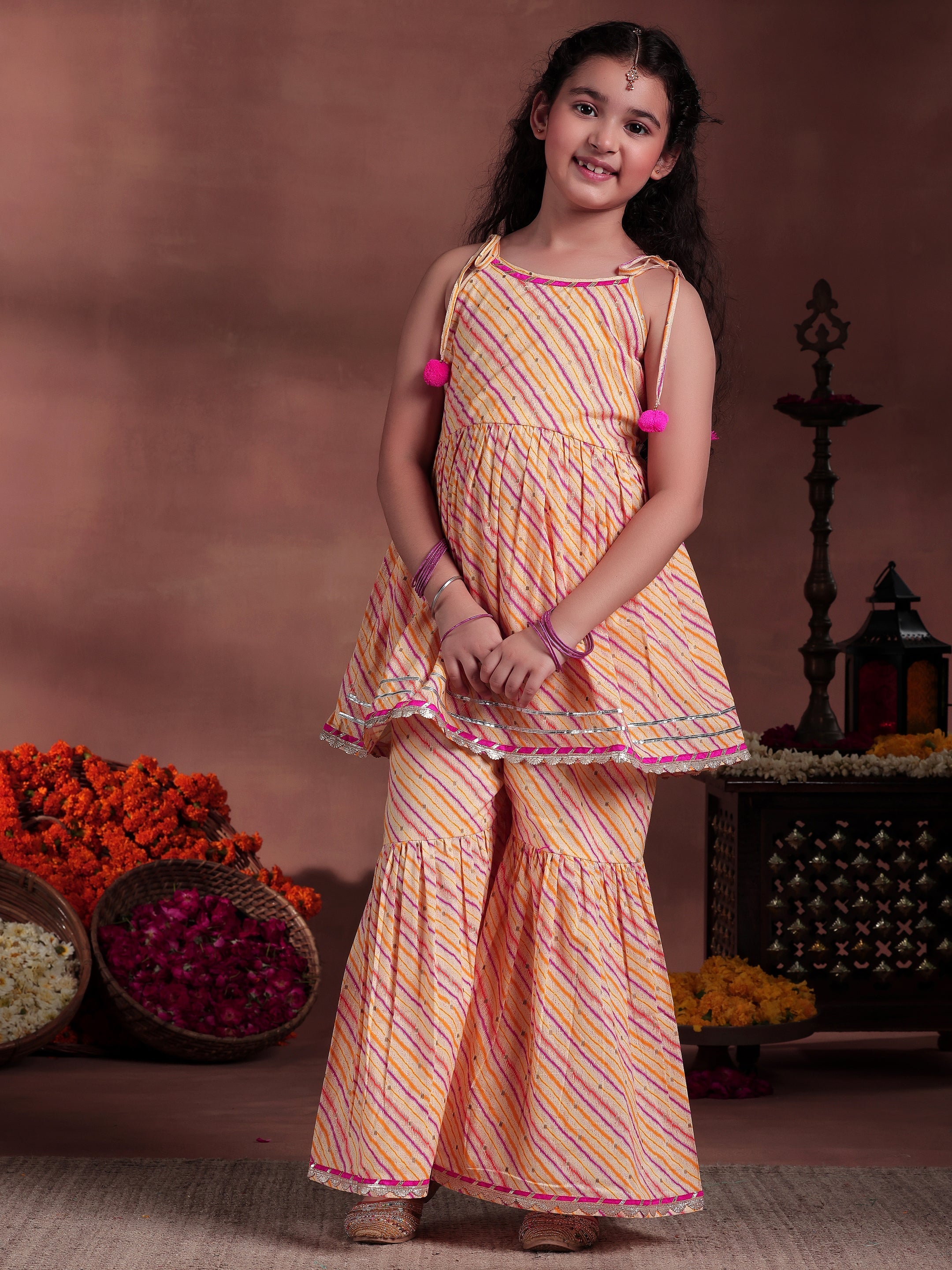 Kids Yellow Printed Cotton A-Line Kurta With Sharara & Dupatta