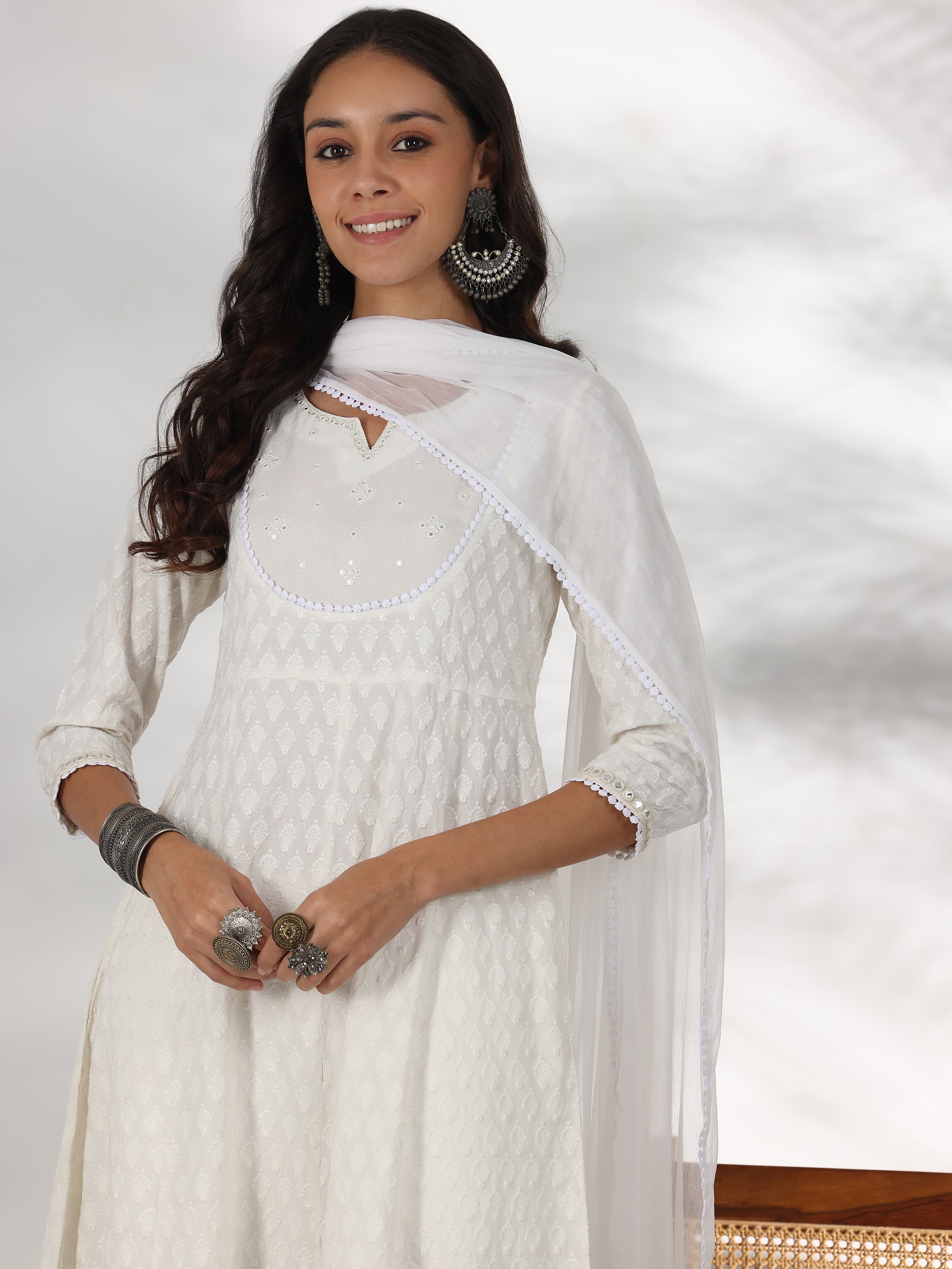 White Embroidered Cotton Anarkali Suit With Dupatta