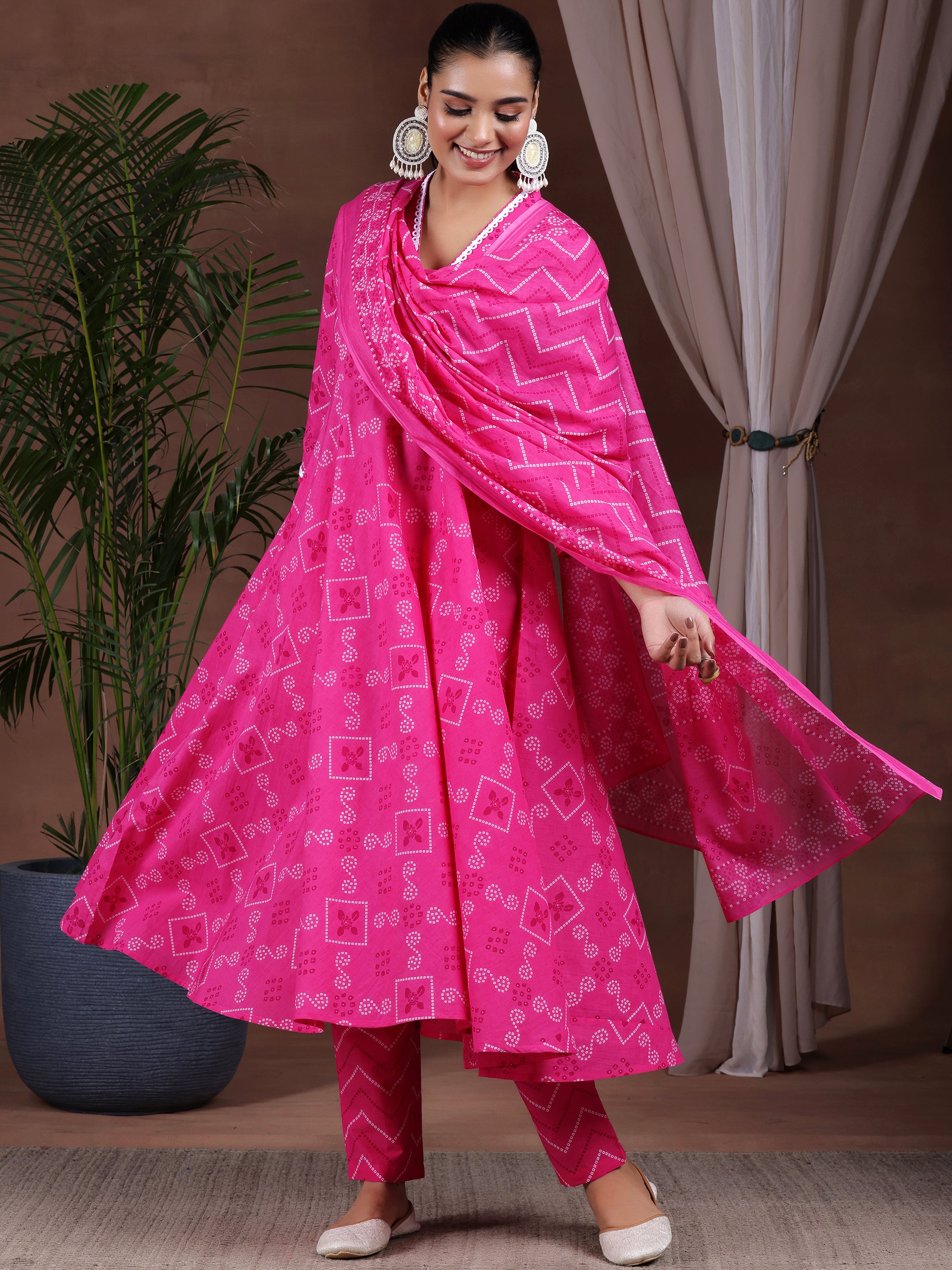 Pink Printed Cotton Anarkali Suit With Dupatta