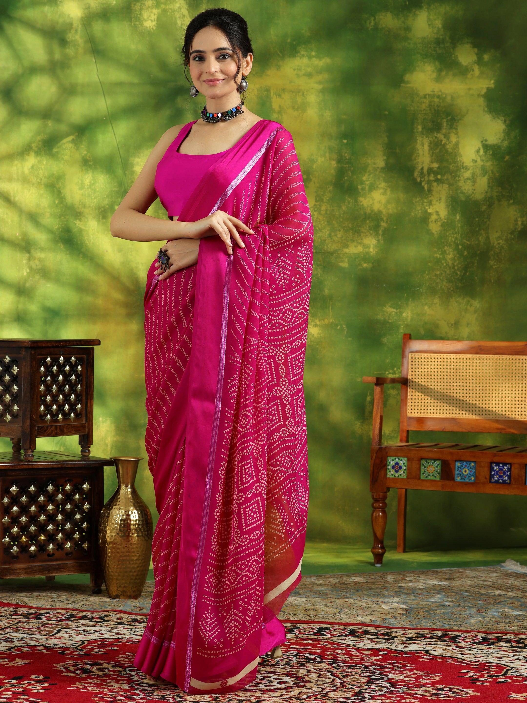 Pink Printed Satin Saree With Unstitched Blouse Piece