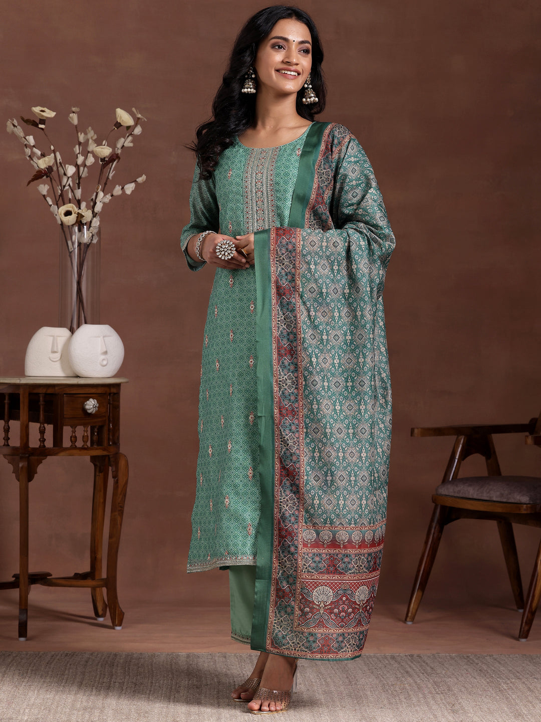 Green Printed Silk Blend Straight Suit With Dupatta