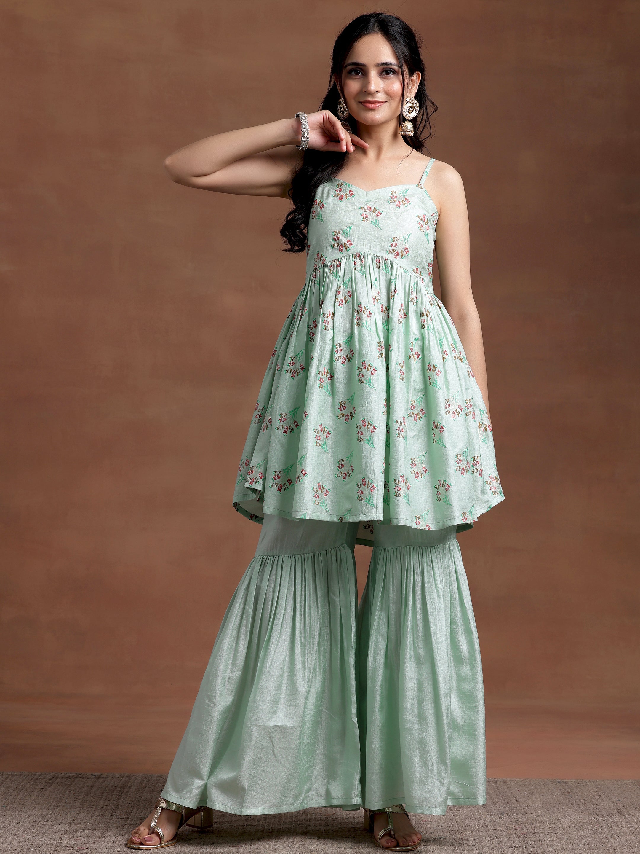 Sea Green Printed Silk Blend A-Line Kurta With Sharara