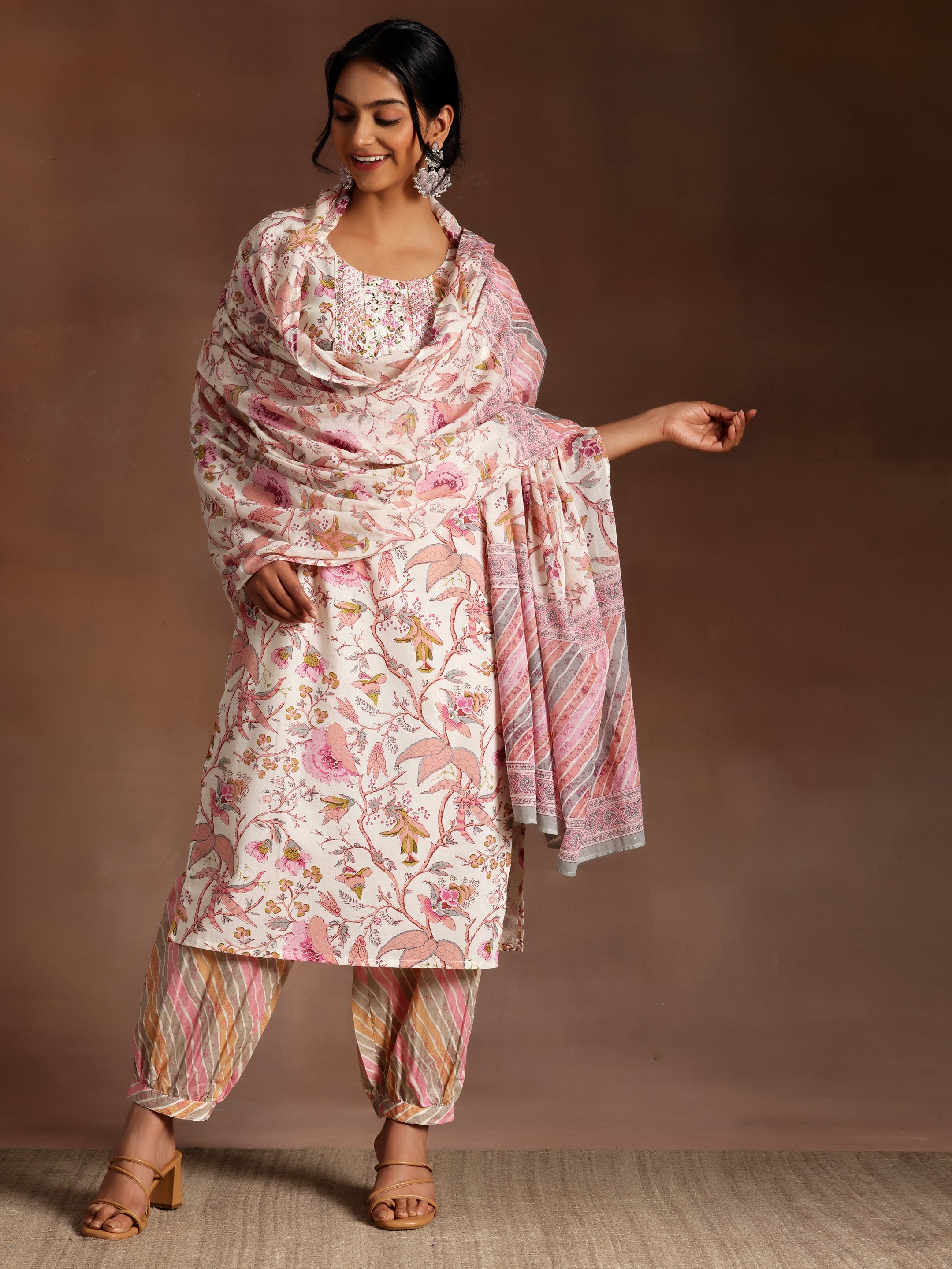 Pink Printed Cotton Straight Suit With Dupatta