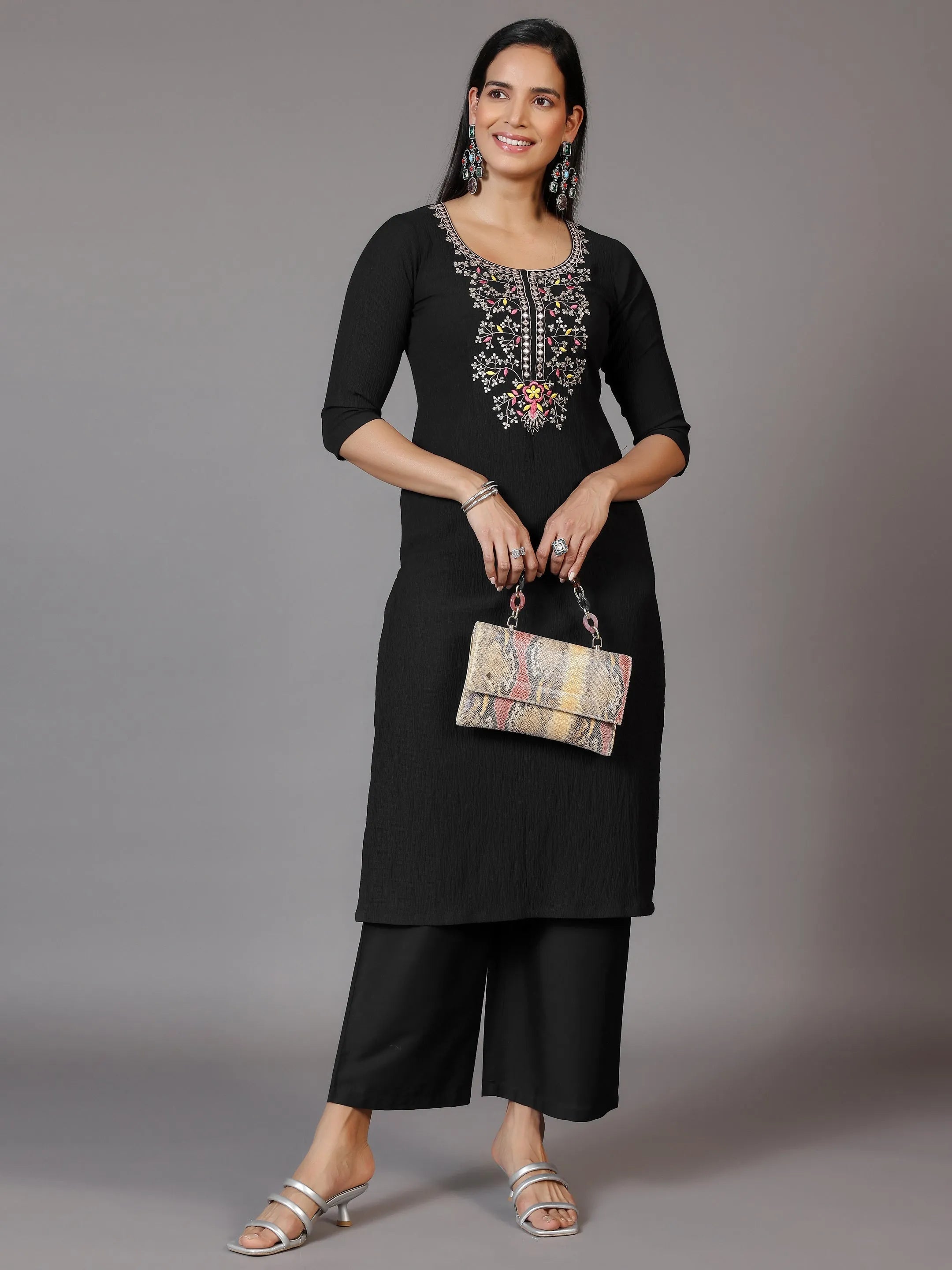 Black Yoke Design Polyester Straight Kurta