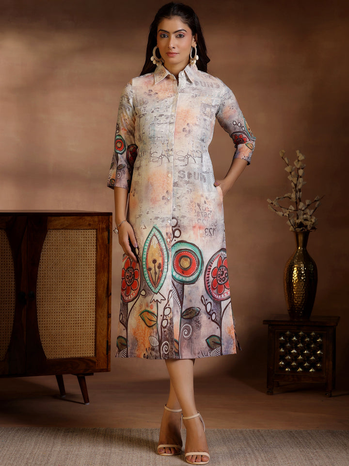 Off White Printed Linen A-Line Dress