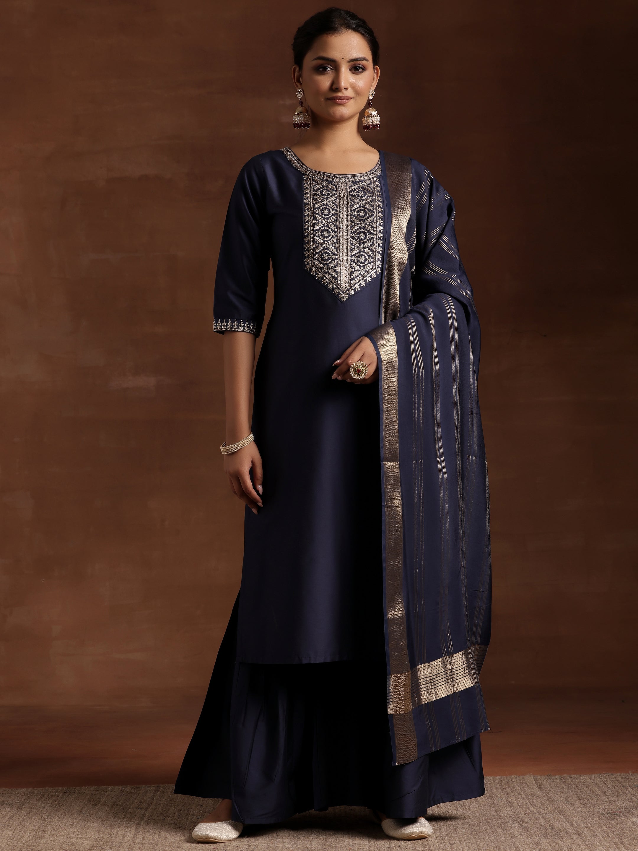 Blue Yoke Design Silk Blend Straight Suit With Dupatta