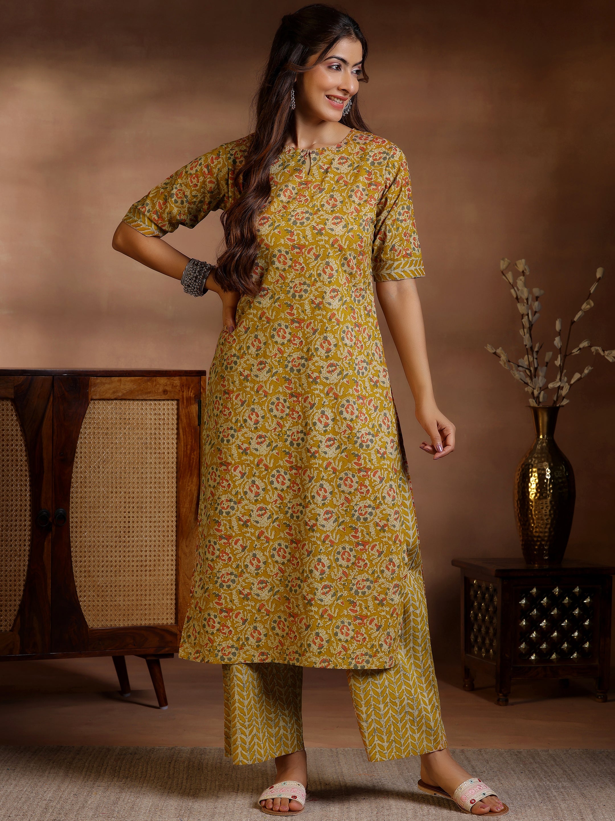 Mustard Printed Cotton Straight Kurta Set