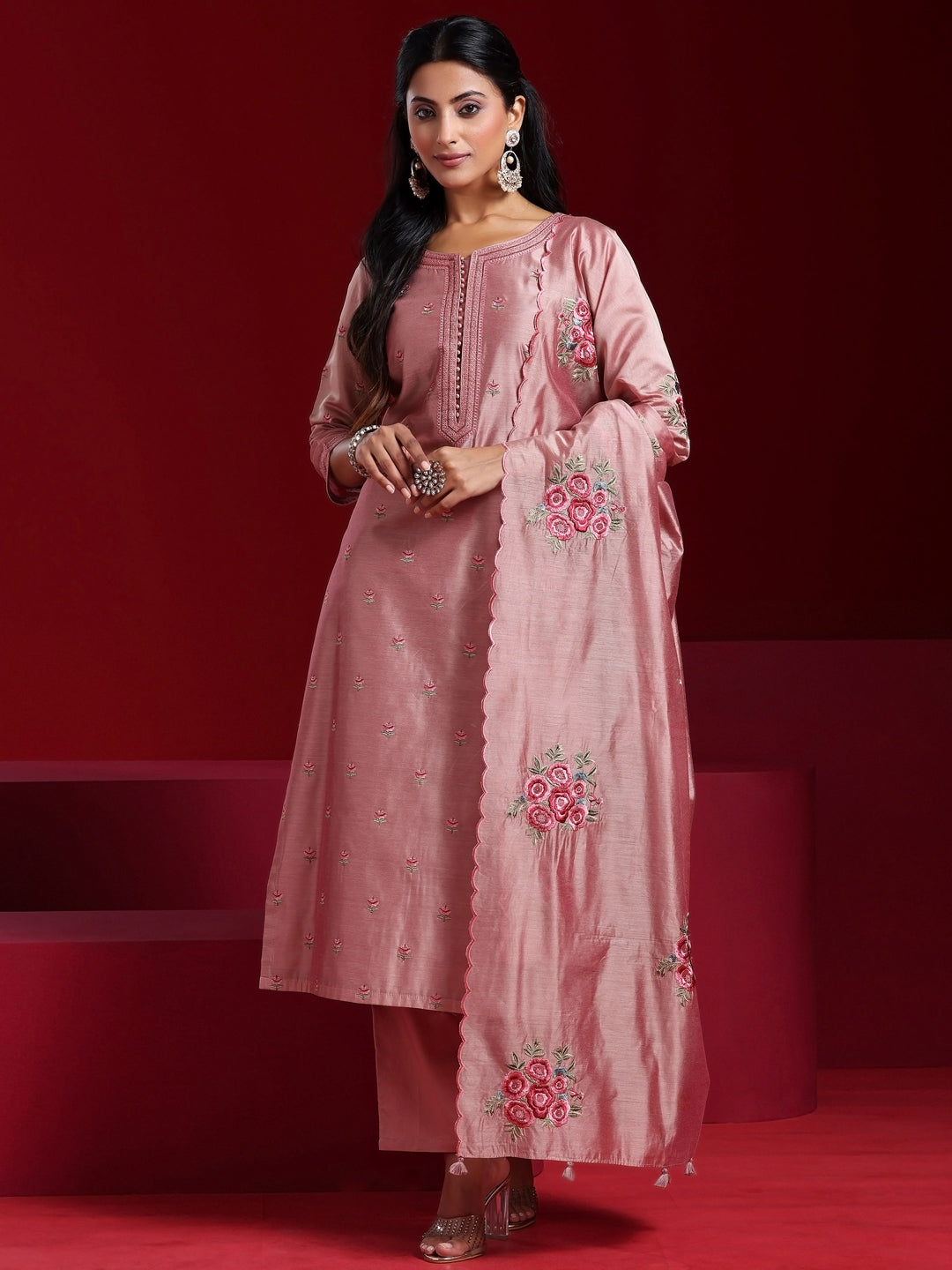 Libas Art Pink Embroidered Chanderi Silk Straight Suit With Dupatta