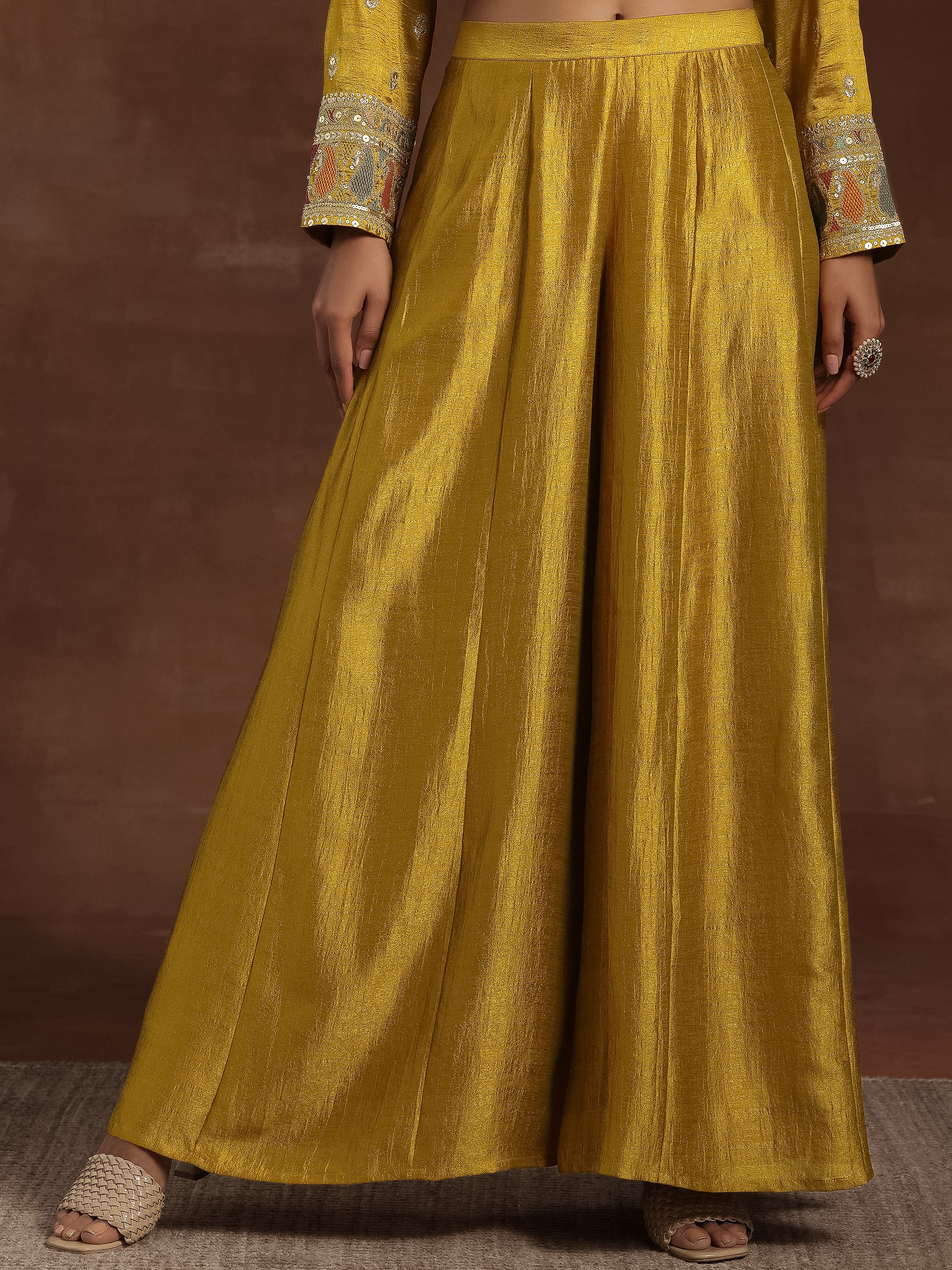 Adaa Mustard Embroidered Silk Blend Straight Kurta With Palazzos & Dupatta