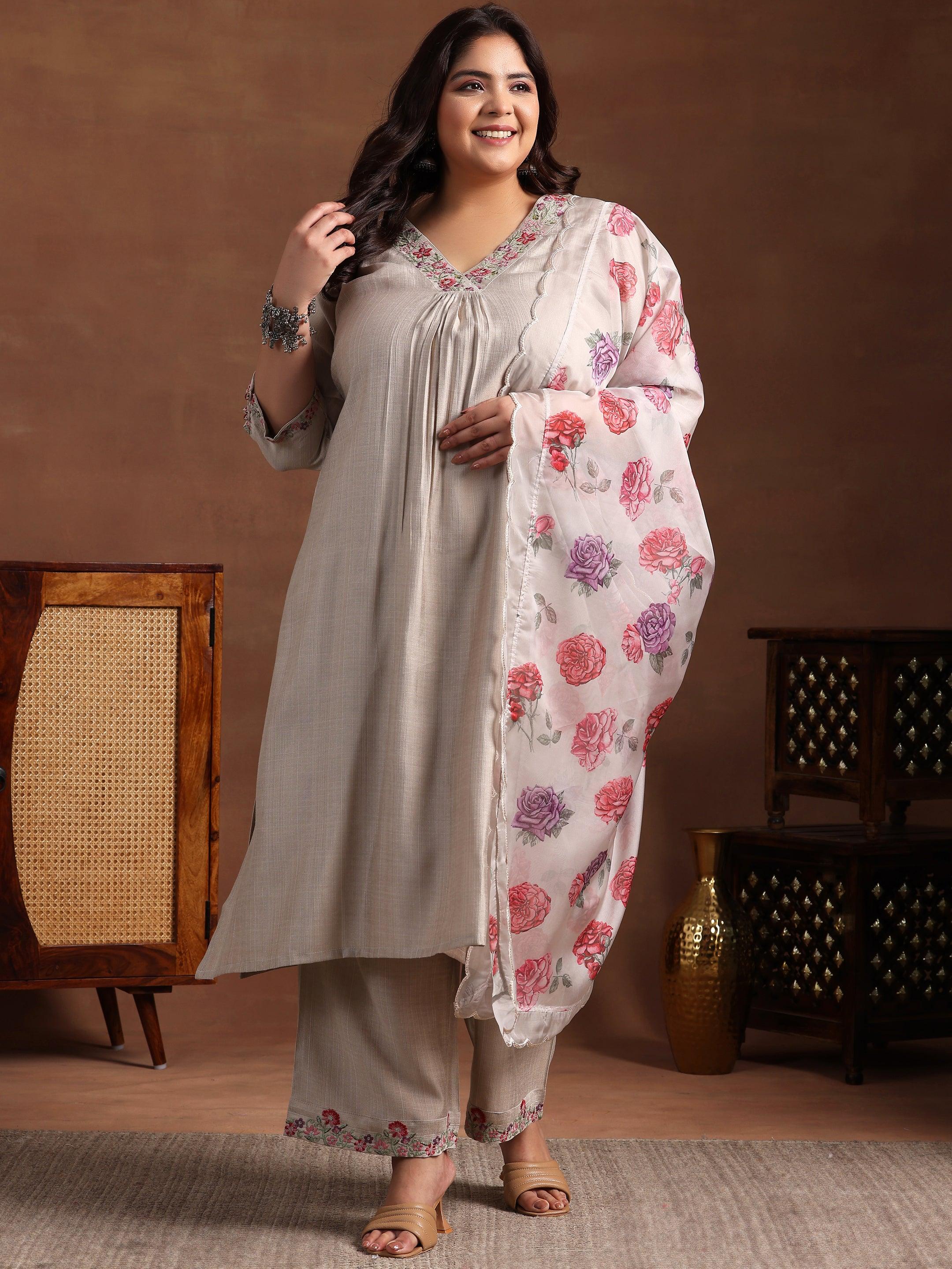 Plus Size Beige Yoke Design Silk Blend Straight Suit With Dupatta