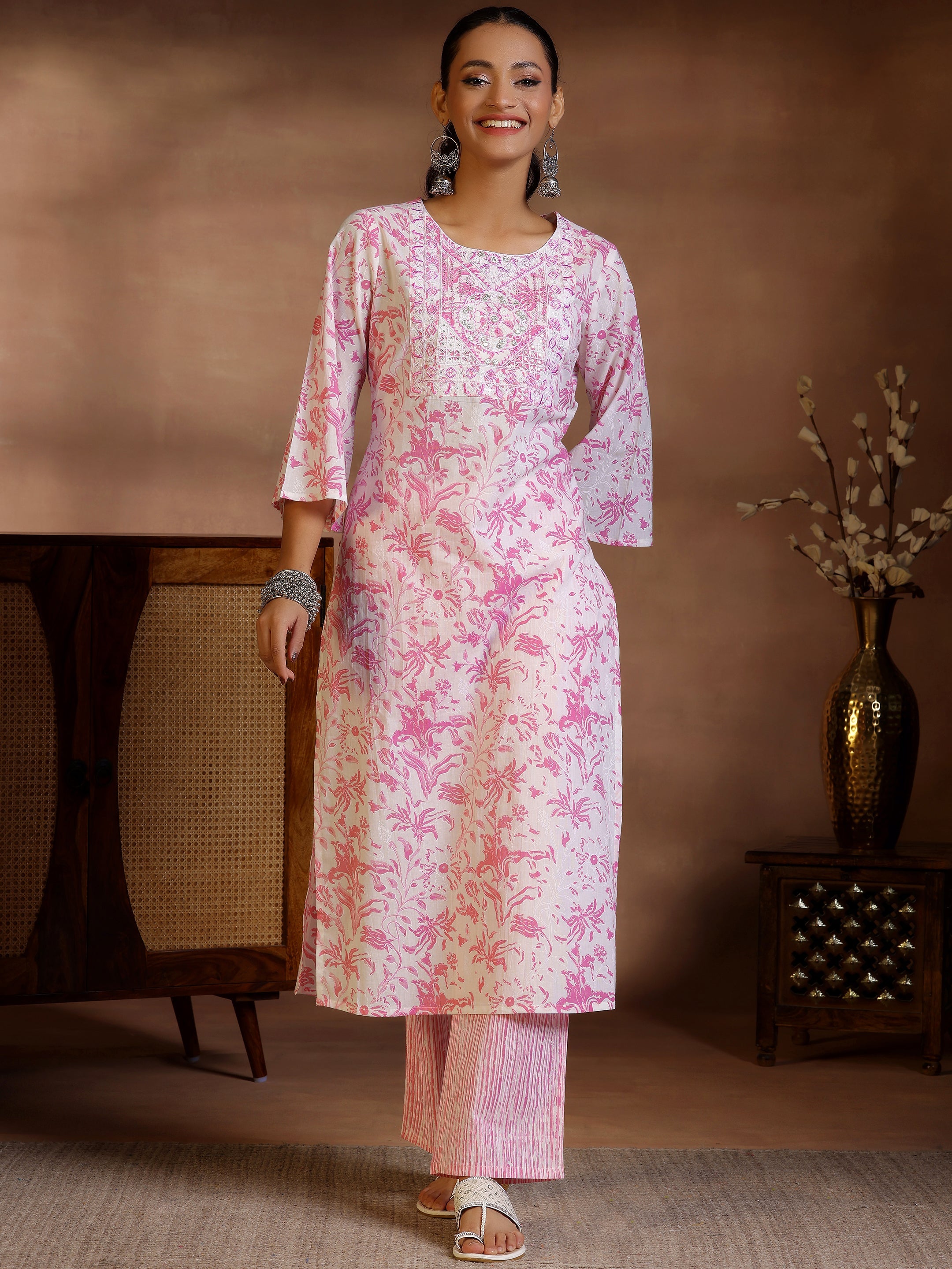 White Printed Cotton Straight Suit With Dupatta