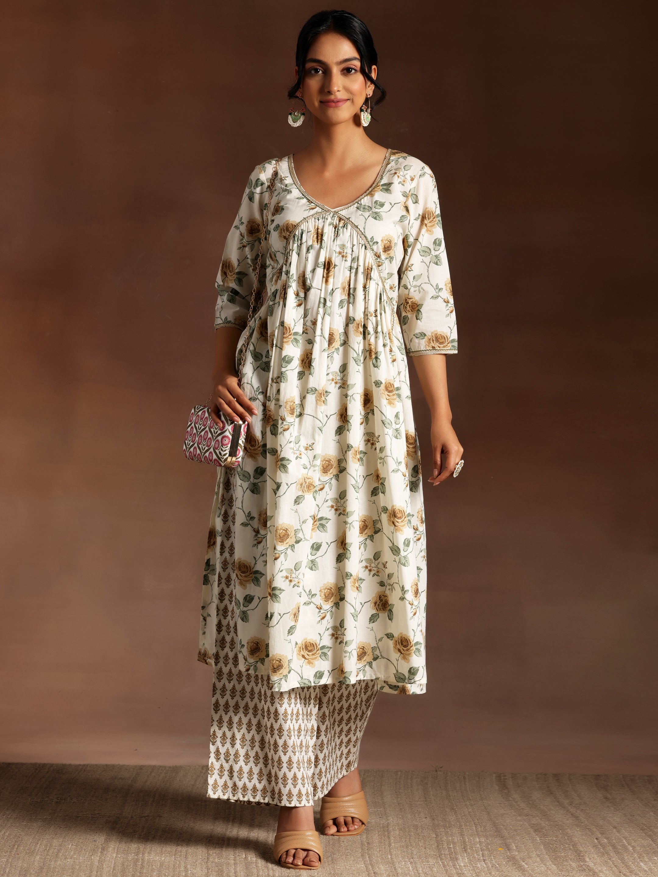 Off White Printed Cotton A-Line Kurta With Palazzos