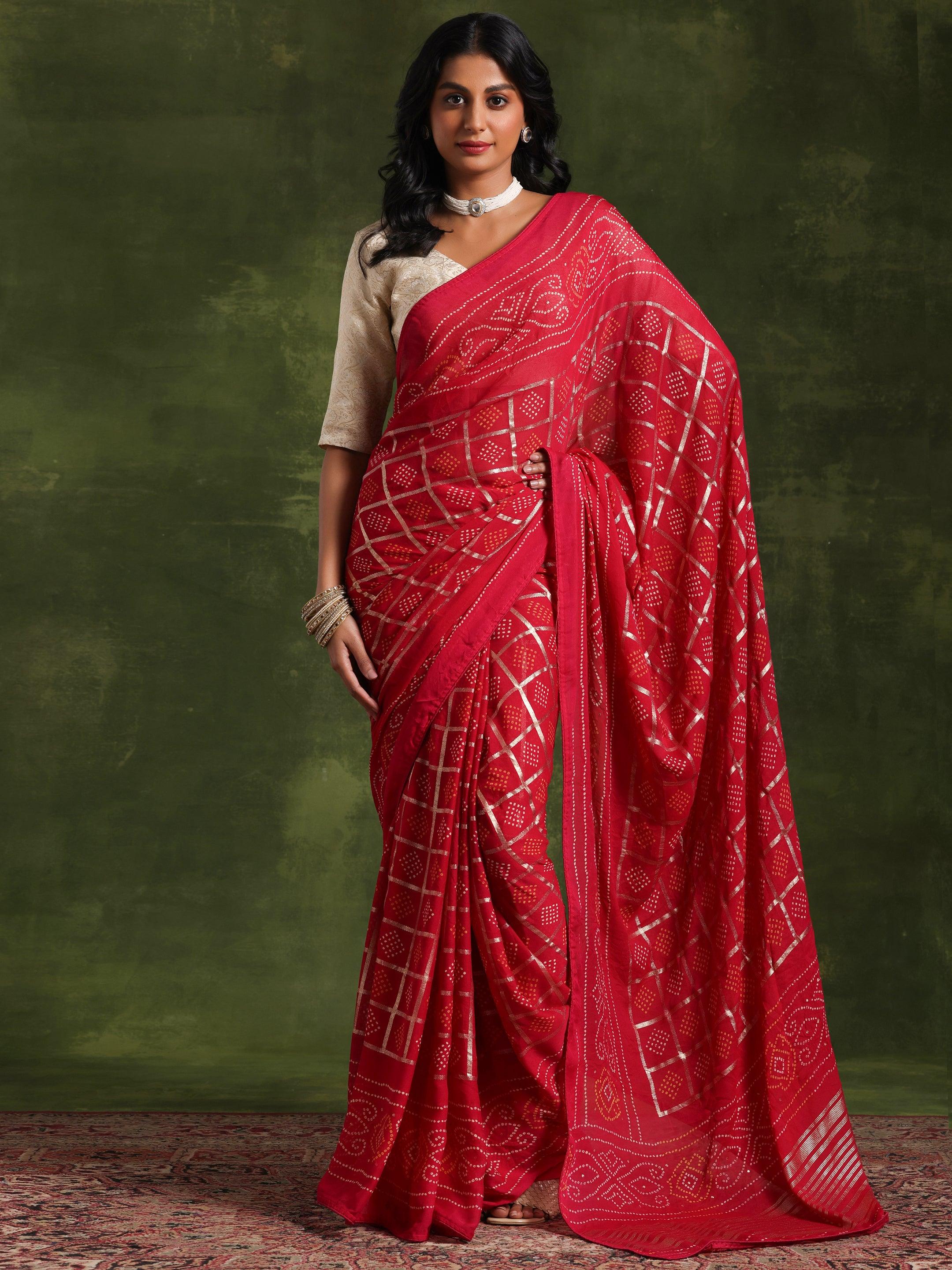 Pink Printed Poly Georgette Saree With Unstitched Blouse Piece