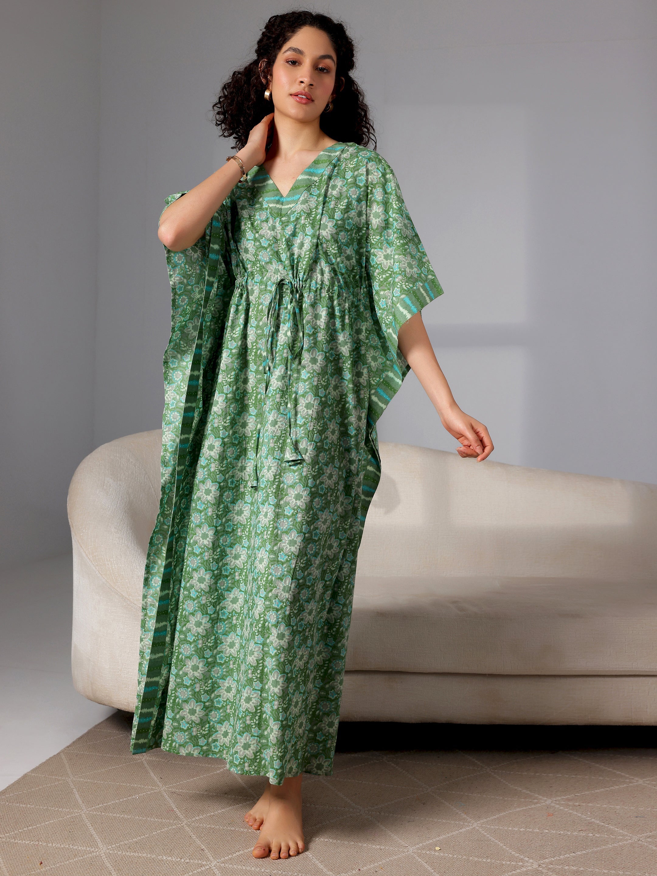 Green Printed Cotton Kaftan Night Dress