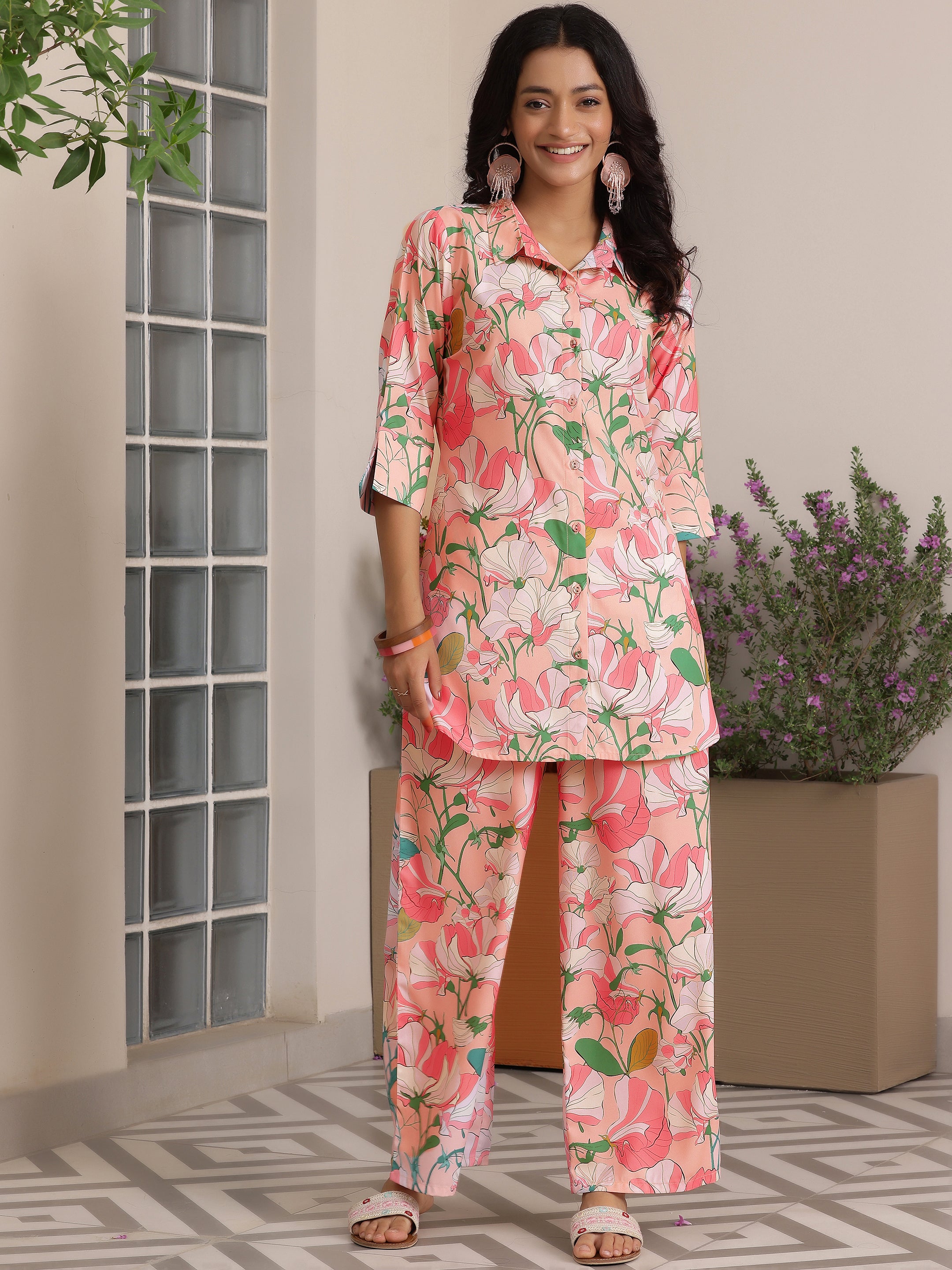 Peach Printed Silk Blend Co-Ords