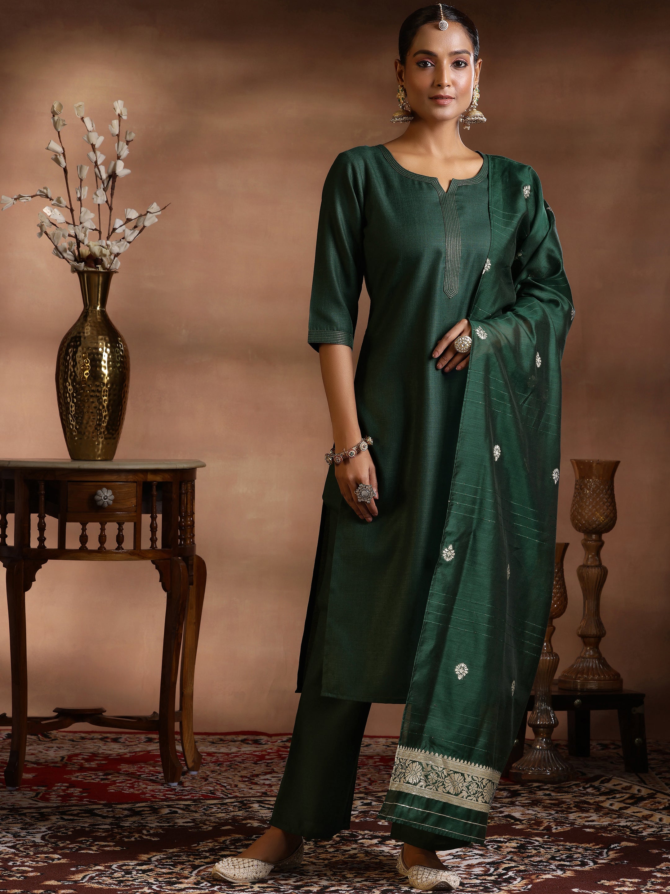 Green Solid Silk Blend Straight Suit With Dupatta