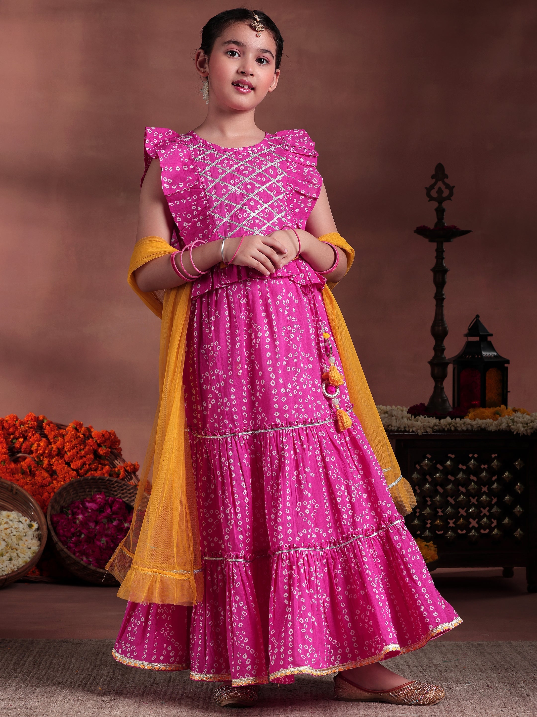 Kids Pink Printed Cotton Ready to Wear Lehenga Choli