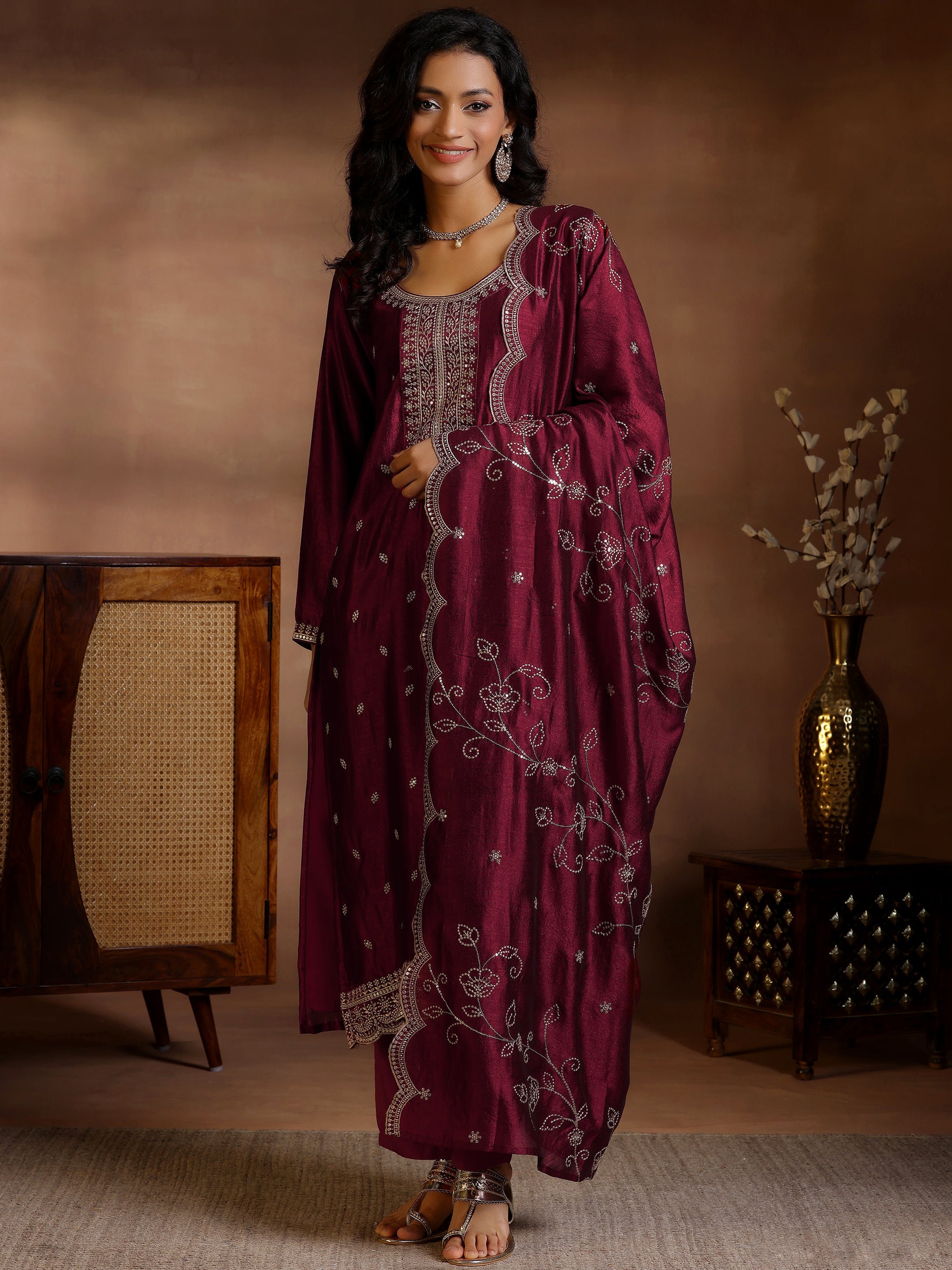 Maroon Embroidered Silk Blend Straight Suits With Dupatta