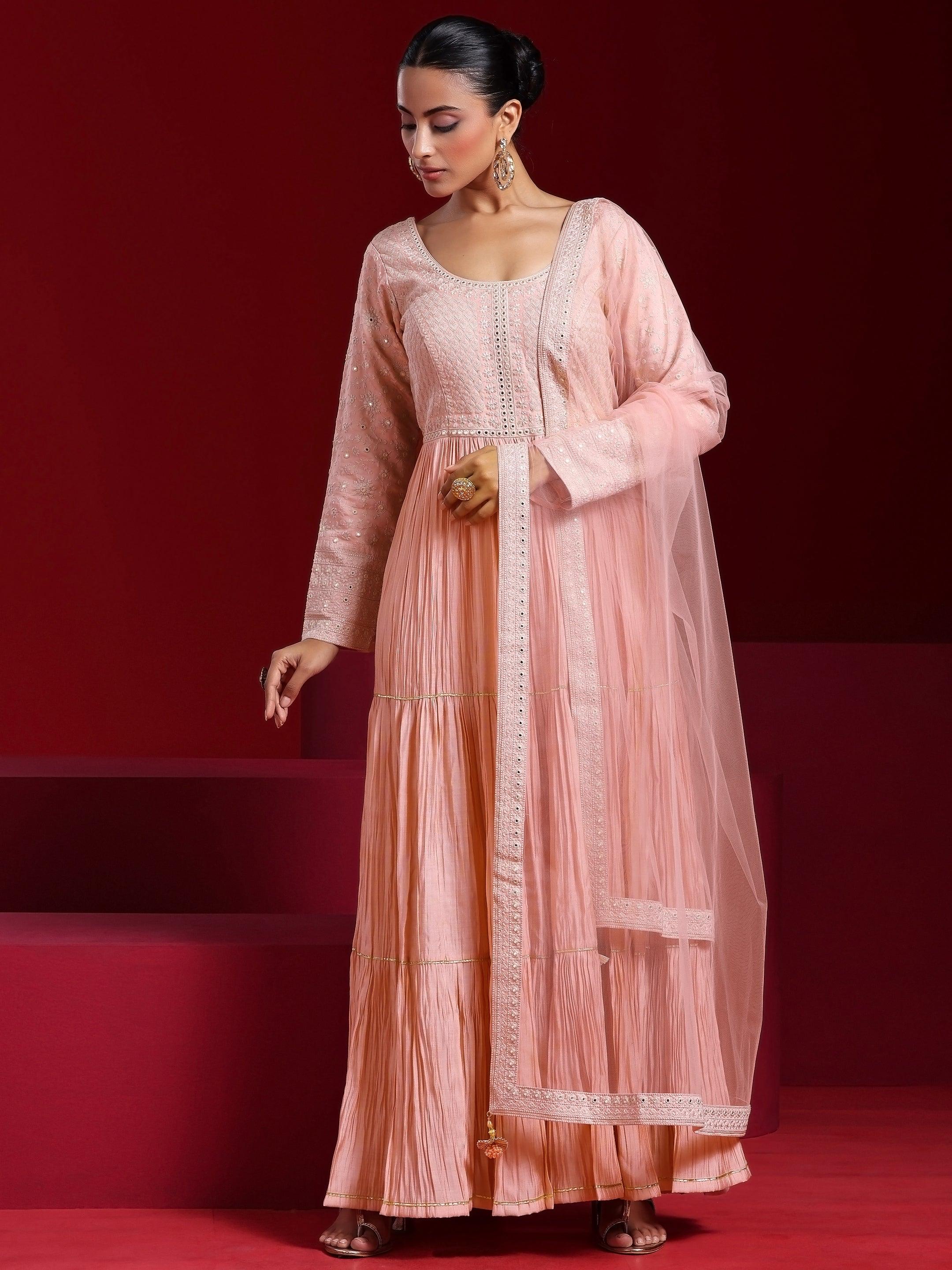 Libas Art Peach Embroidered Cotton Blend A-Line Kurta With Trousers & Dupatta