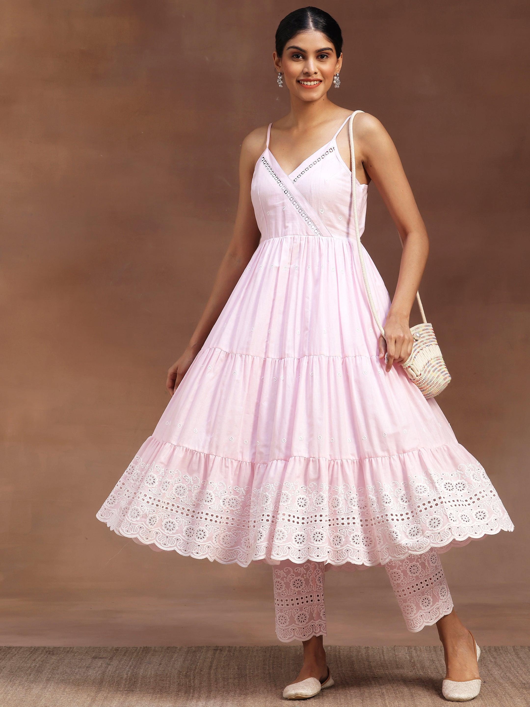 The Kiara Cut Pink Self Design Cotton Anarkali Kurta With Trousers