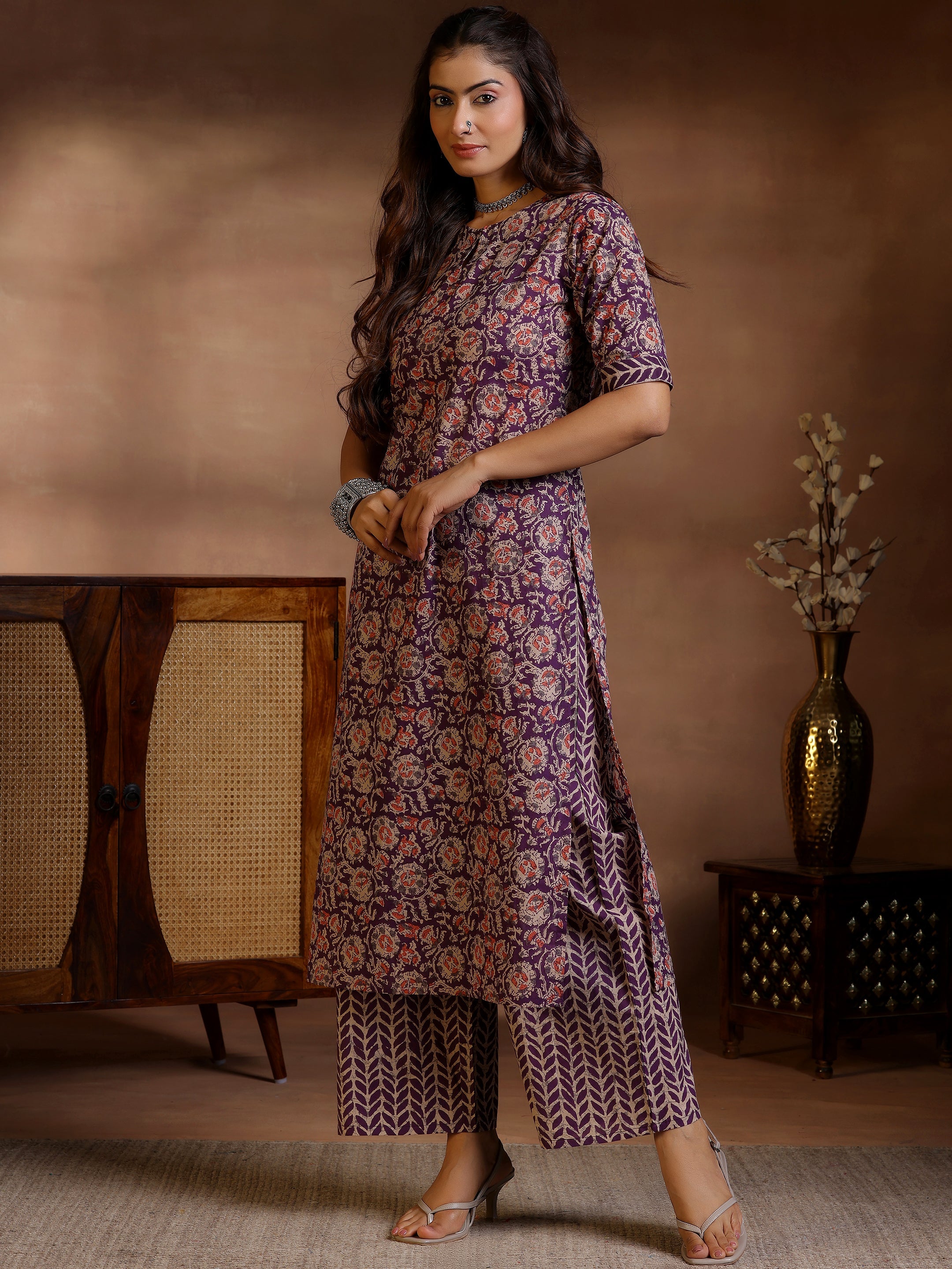 Purple Printed Cotton Straight Kurta Set