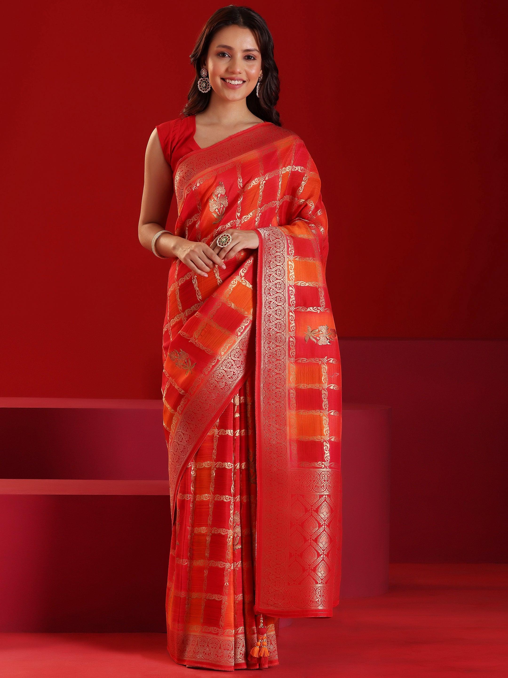 Libas Art Orange Woven Design Satin Saree With Unstitched  Blouse Piece