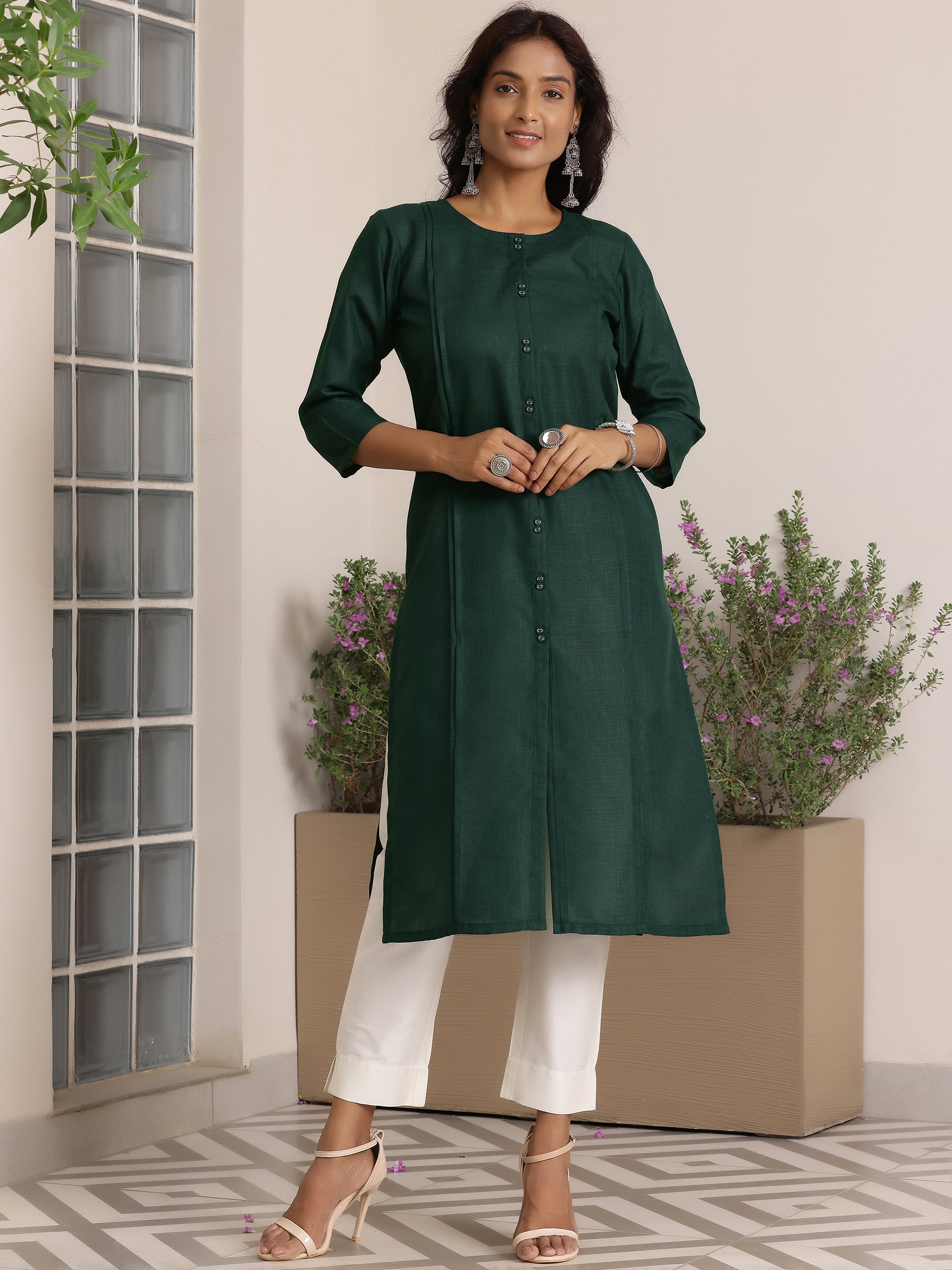 Green Solid Silk Straight Kurta