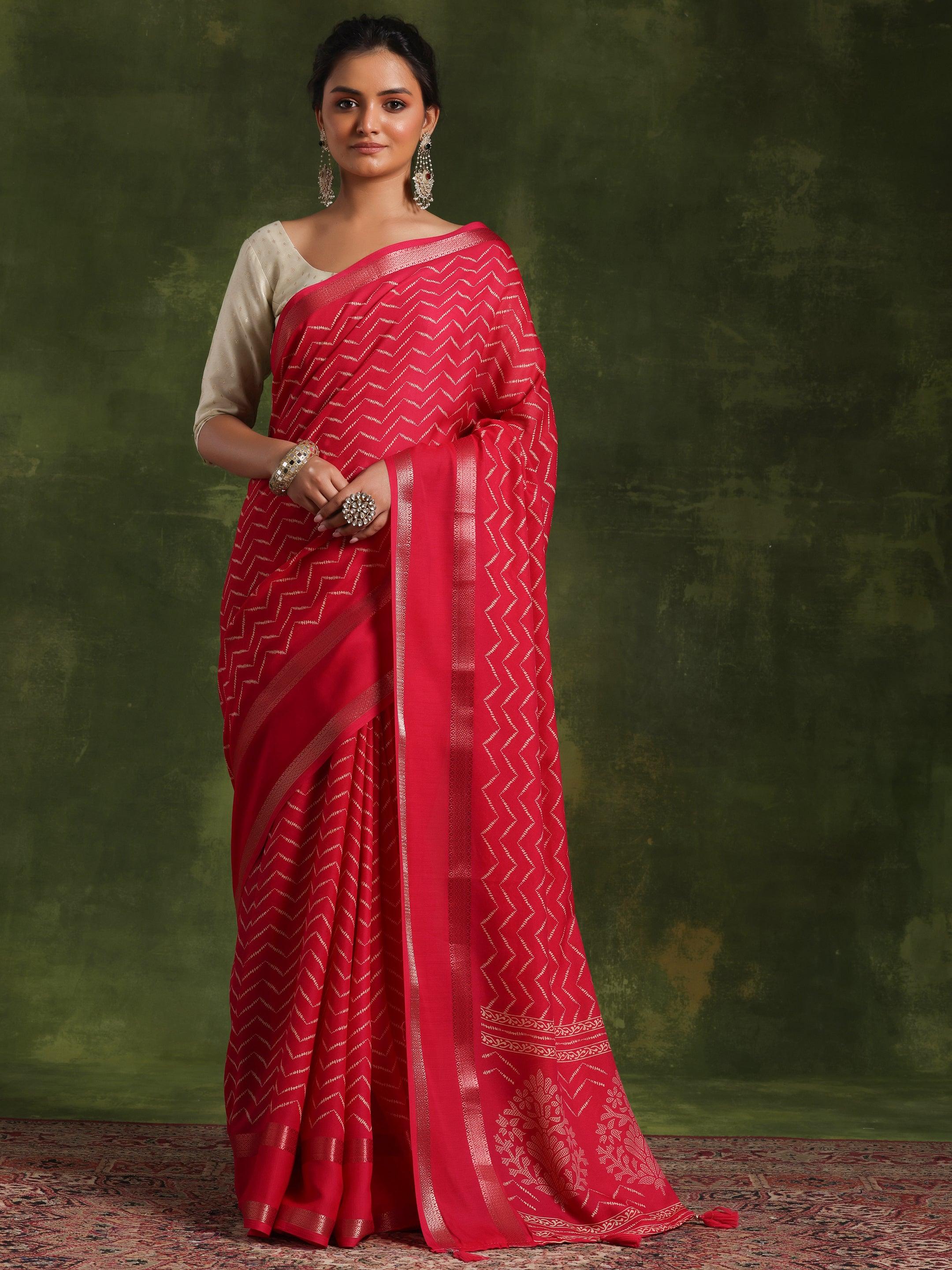 Pink Printed Silk Blend Saree With Unstitched Blouse Piece