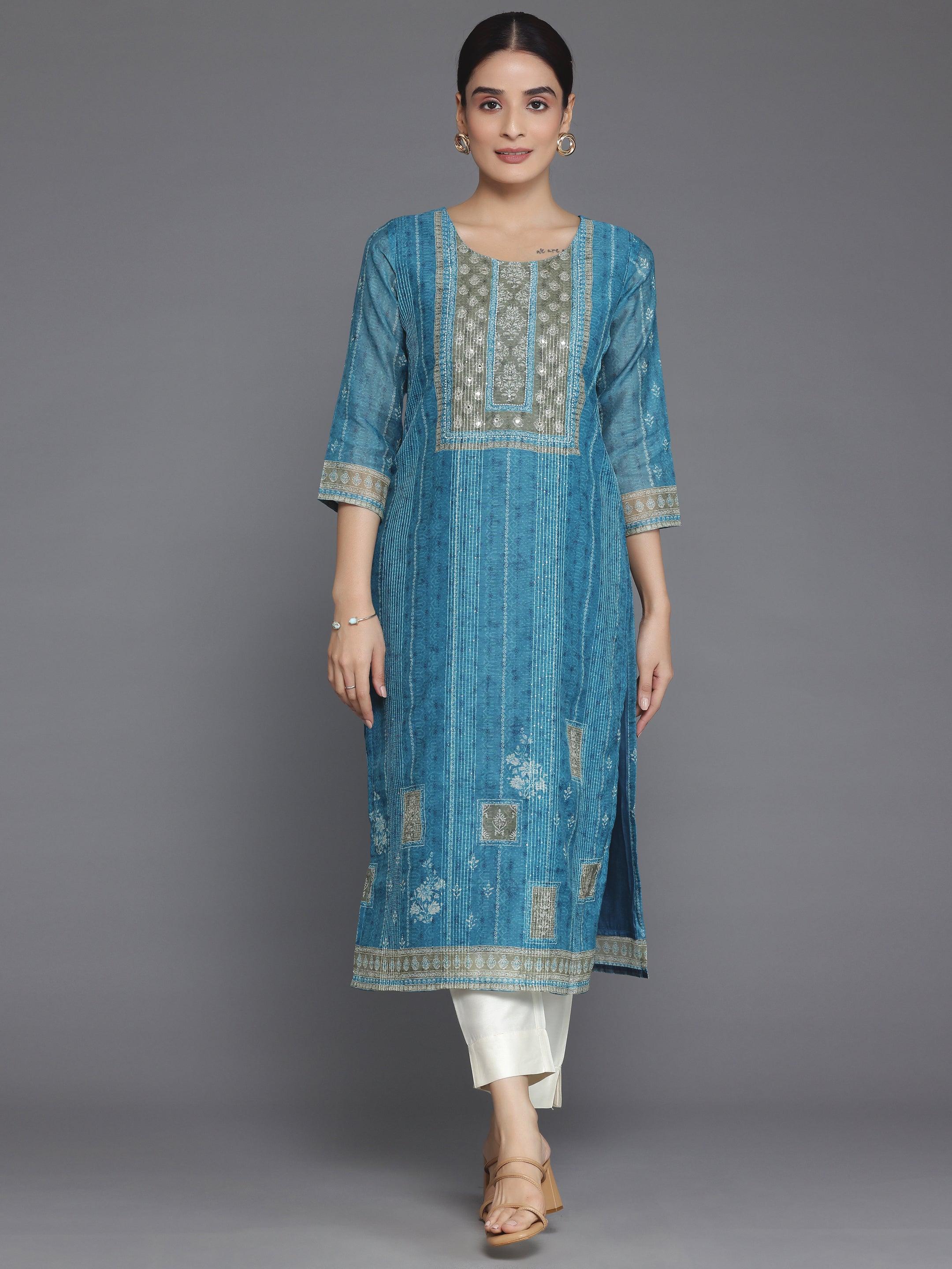 Blue Embellished Chanderi Silk Straight Kurta