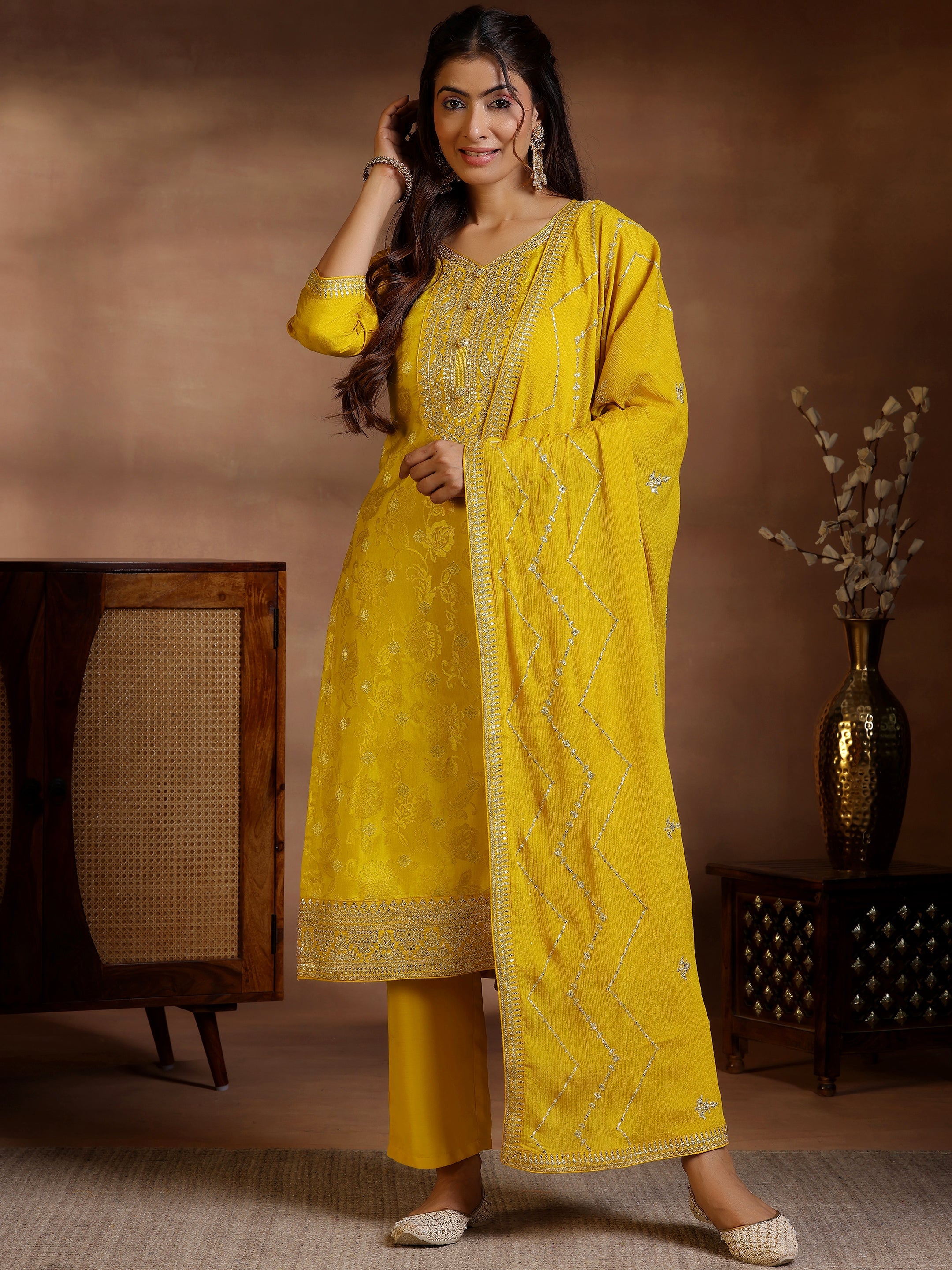 Mustard Woven Design Silk Blend Straight Suit With Dupatta