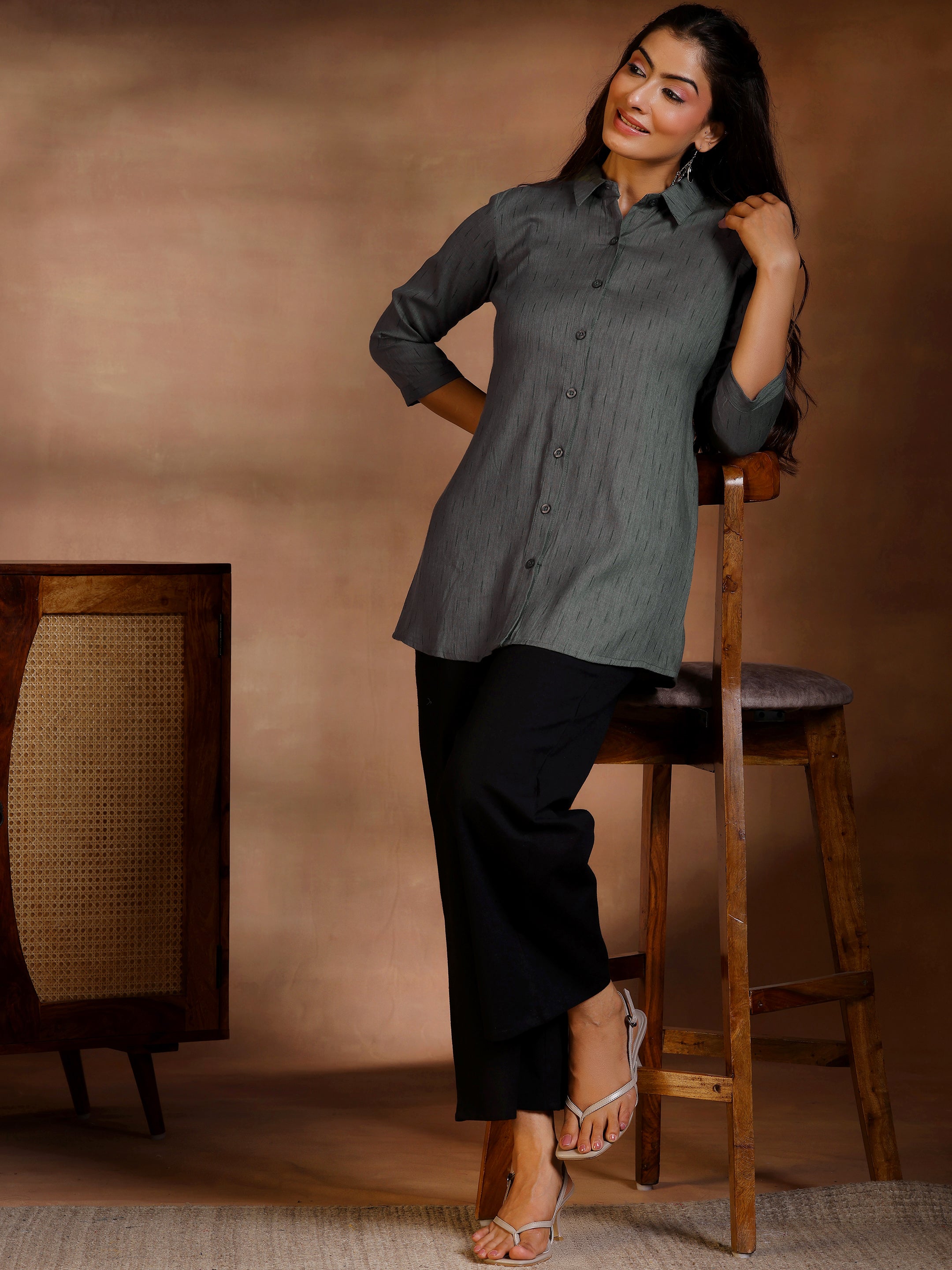 Grey Woven Design Cotton Blend Straight Kurti