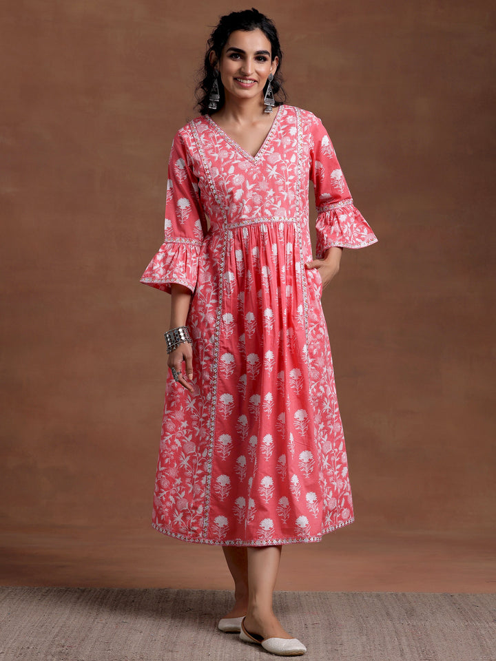 Pink Printed Cotton A-Line Dress