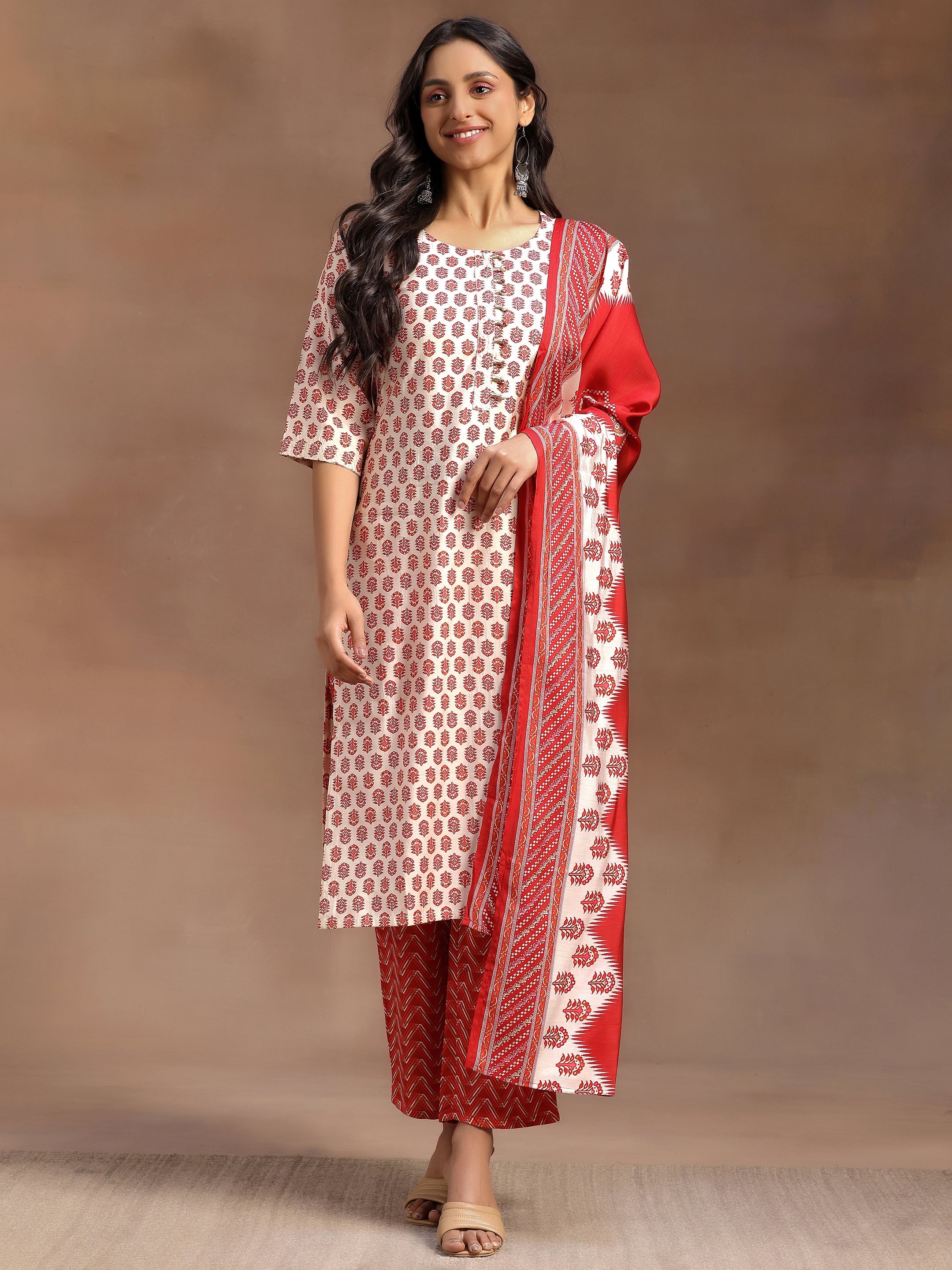 Beige Printed Silk Blend Straight Suit With Dupatta