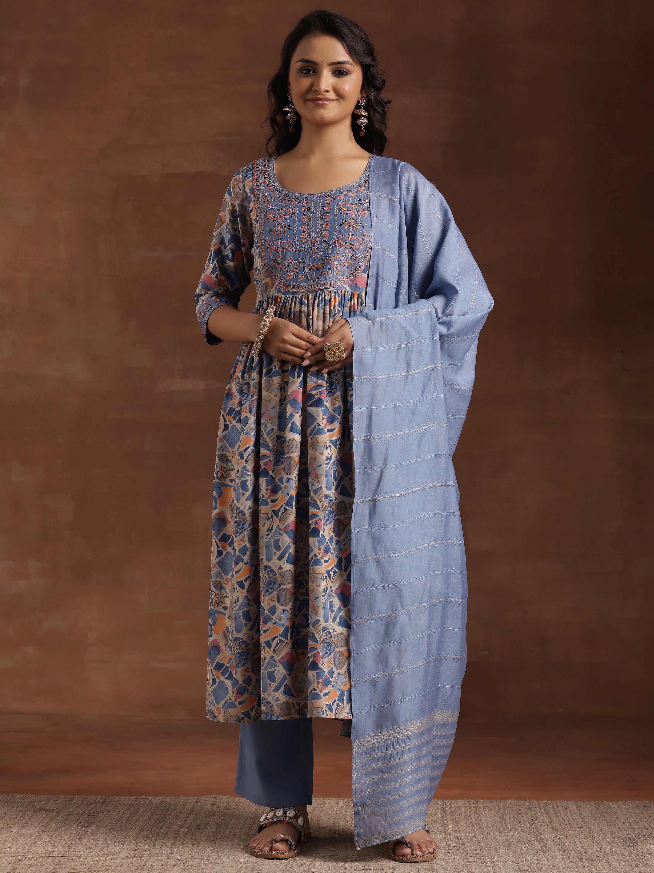 Blue Printed Silk Blend A-Line Kurta With Trousers & Dupatta