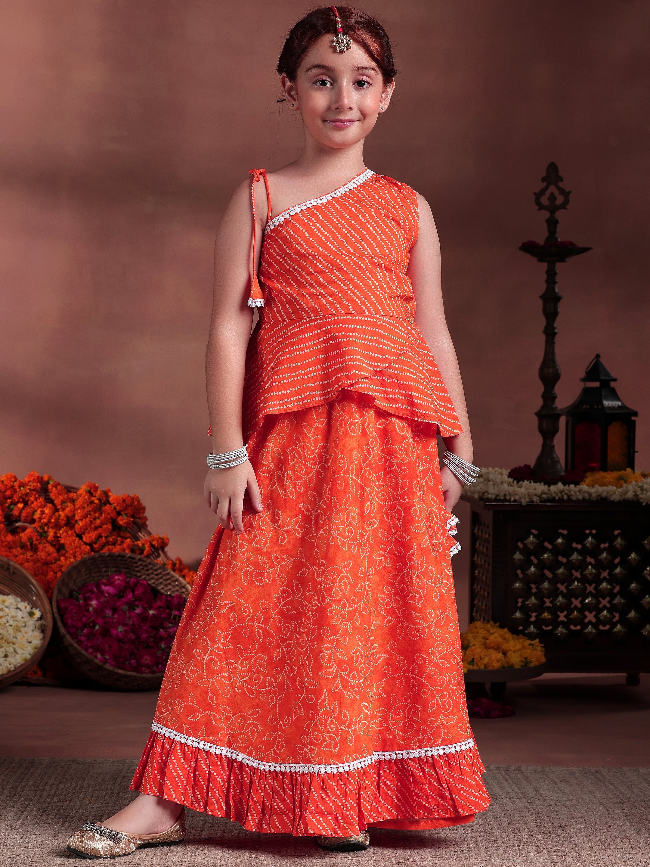 Orange Printed Cotton Lehenga Choli