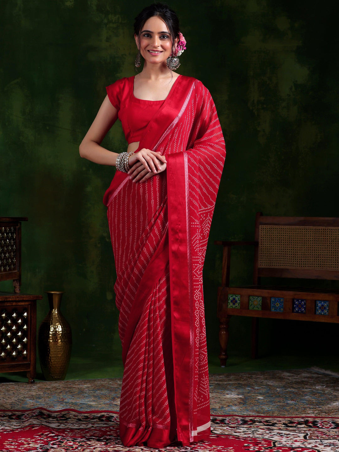 Red Printed Satin Saree With Unstitched Blouse Piece - Libas