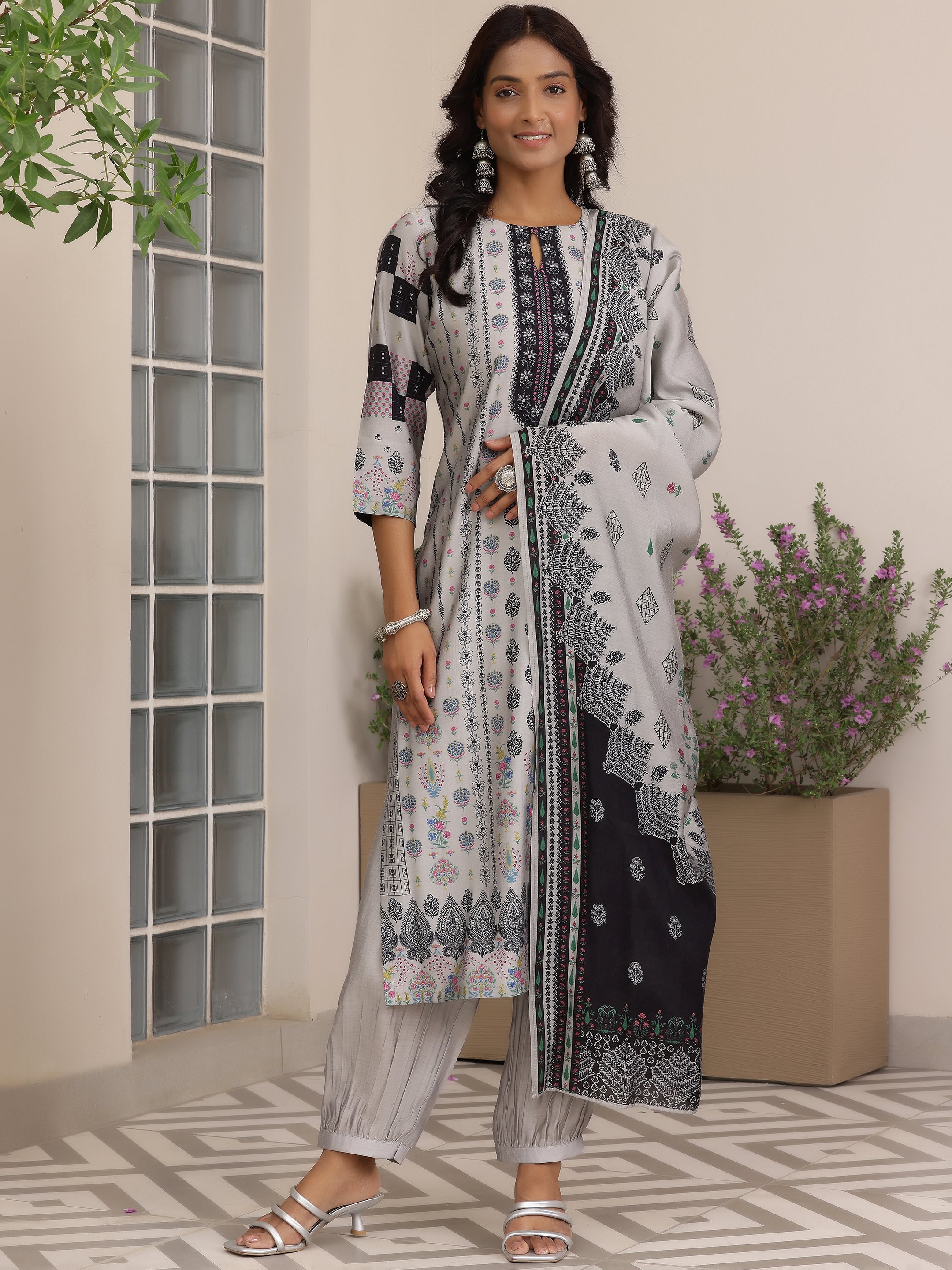 Grey Printed Silk Blend Straight Suit With Dupatta