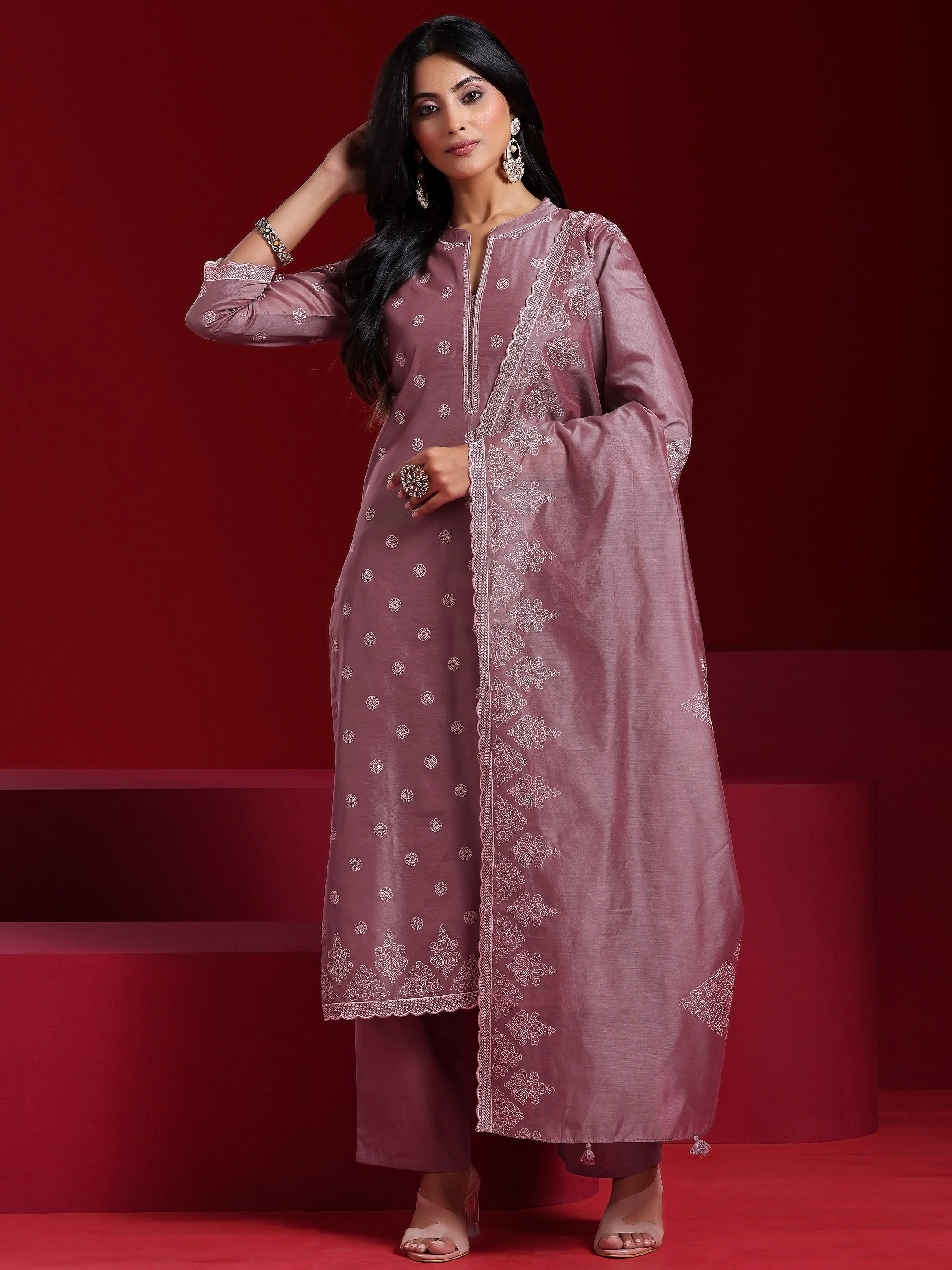 Libas Art Mauve Embroidered Chanderi Silk Straight Suit With Dupatta