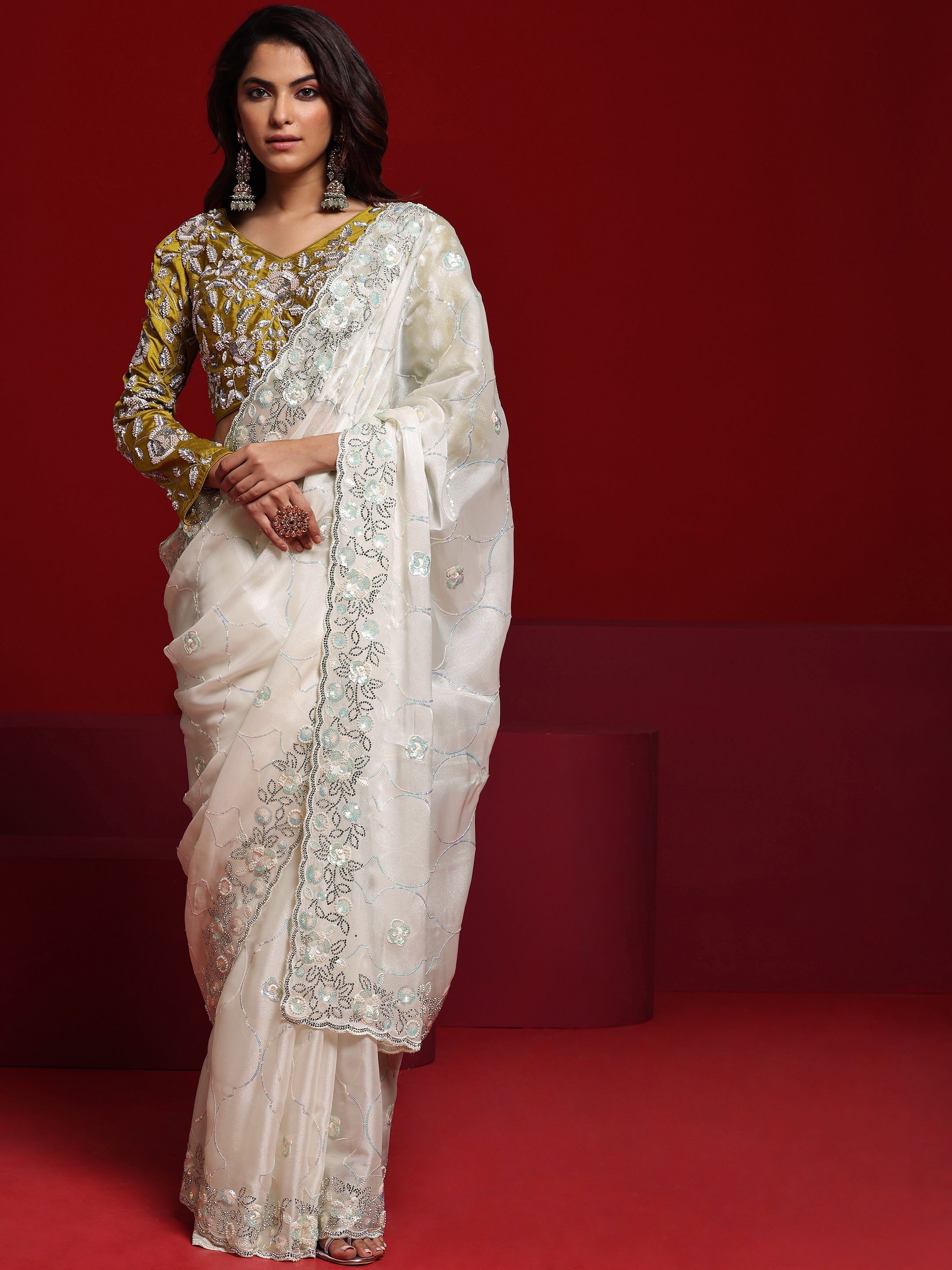 Libas Art Off White Embellished Tissue Saree With Unstitched Blouse Piece