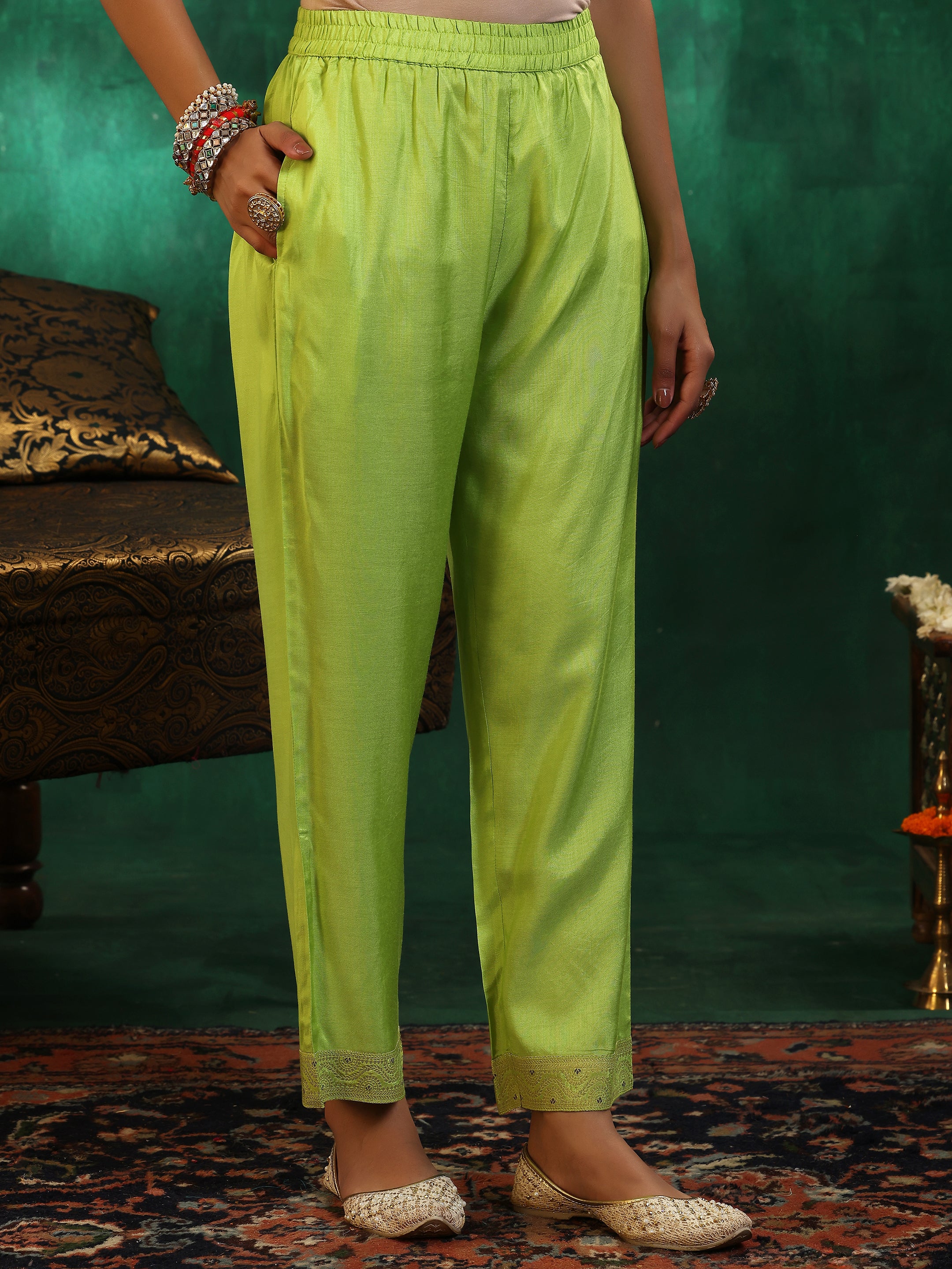 Green Woven Design Silk Blend Straight Suit With Dupatta