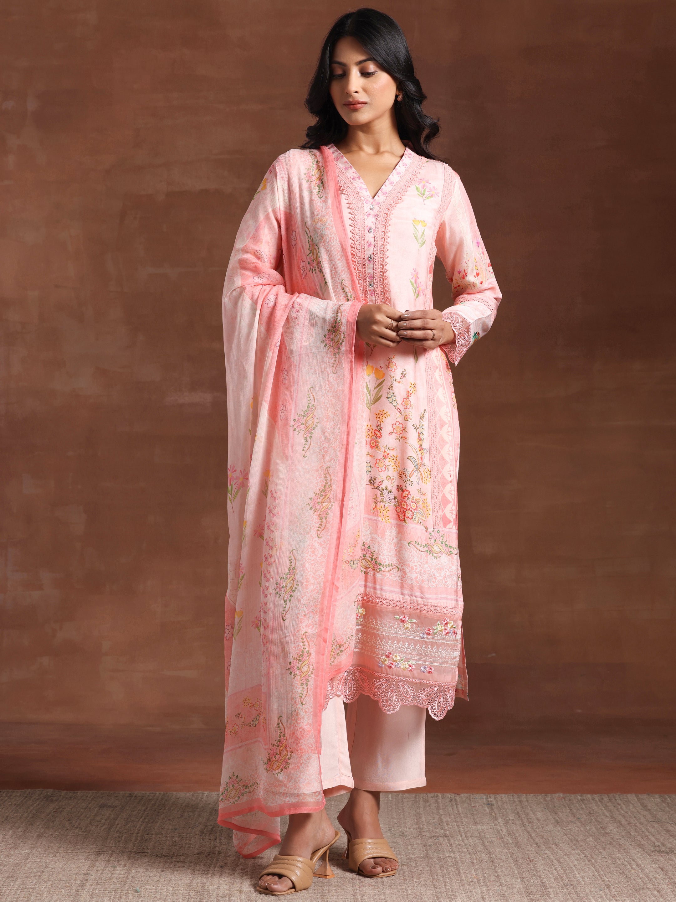 Pink Printed Silk Blend Straight Suit With Dupatta