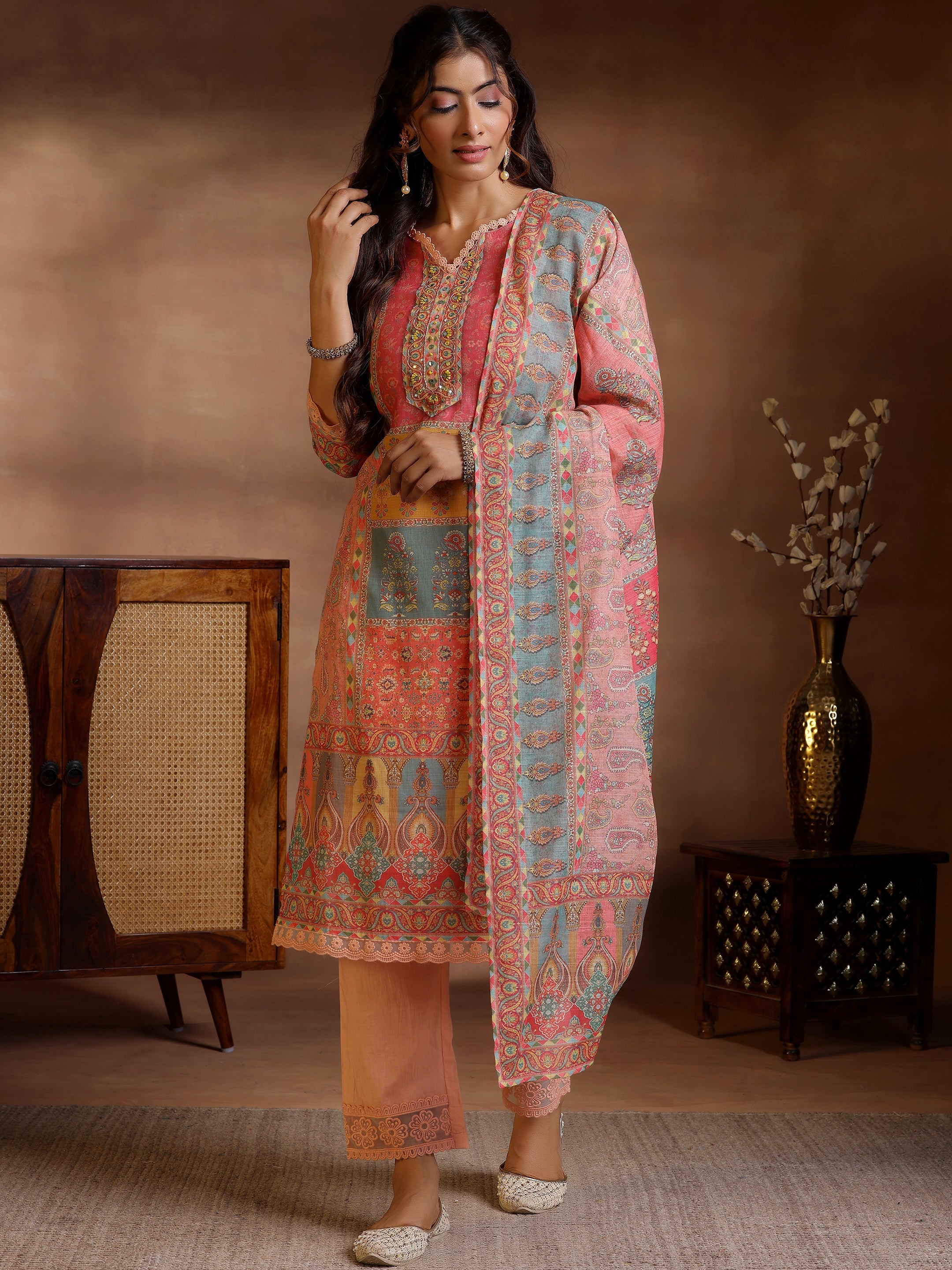 Peach Printed Linen Straight Suit With Dupatta