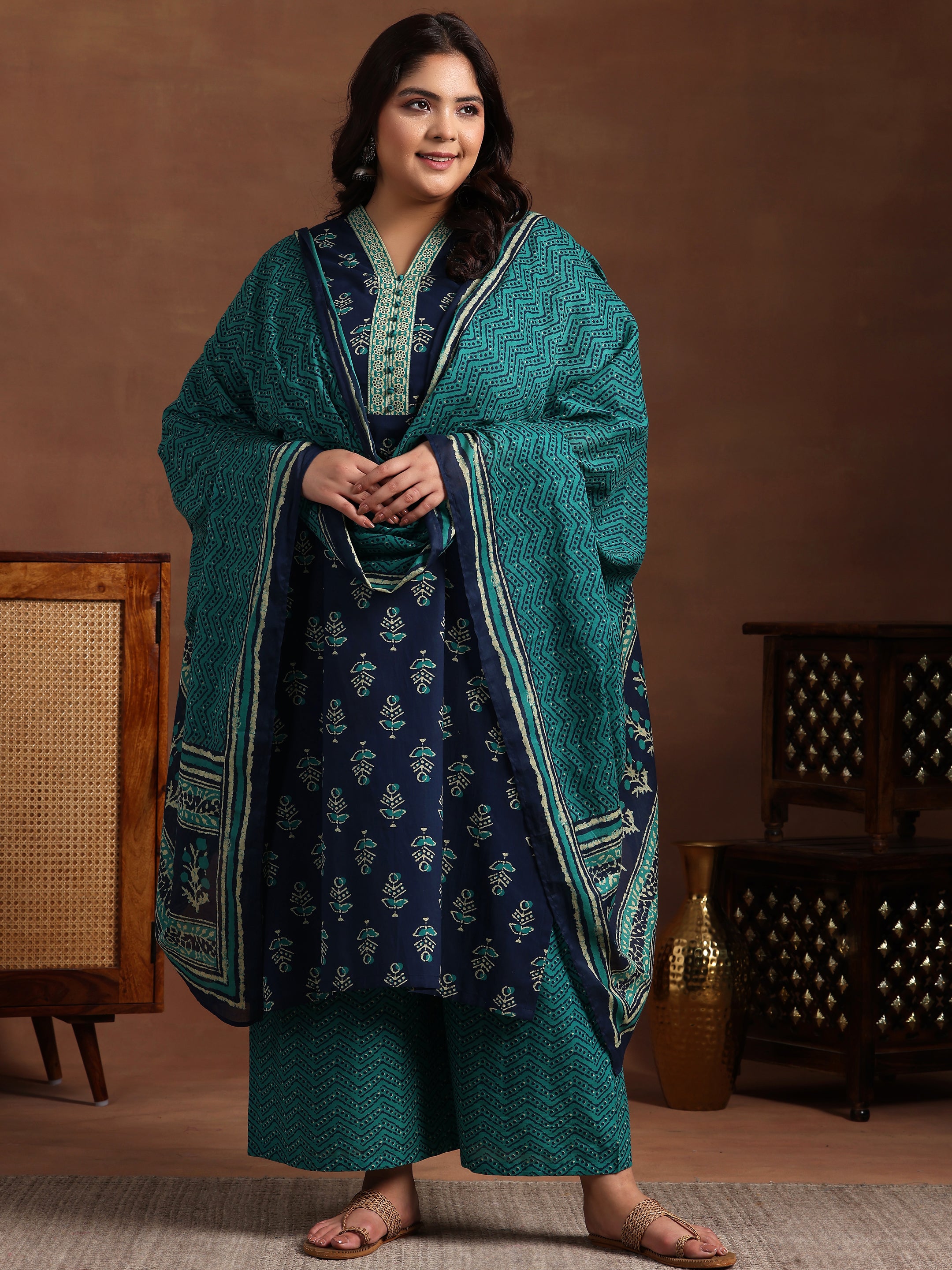 Plus Size Blue Printed Cotton Straight Suit With Dupatta